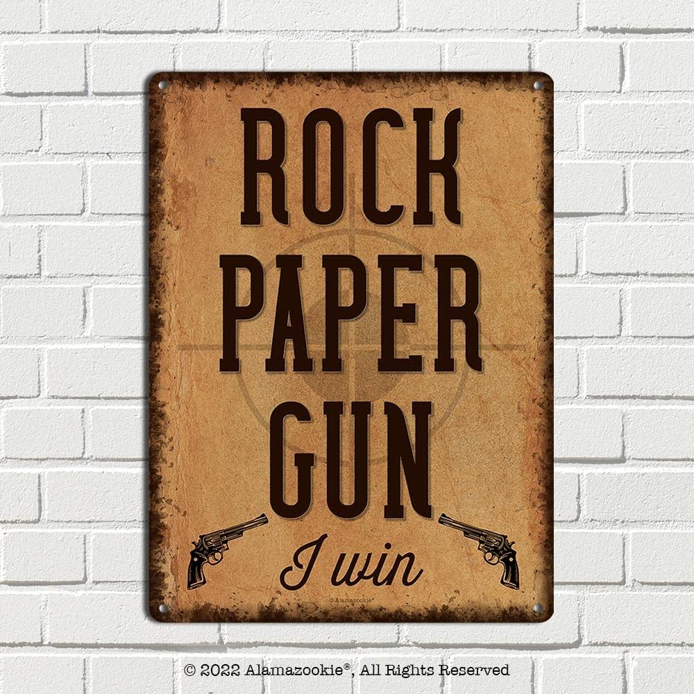 Rock Paper Gun, I Win, 11.5 x 15.5 Inch Aluminum Armory Sign, Funny Gun Room and Safe Wall Decor and 2nd Amendment Gifts for Gunsmiths, Hunters, Law Enforcement, Military, Gun Range AL-1216-RK3381-SP