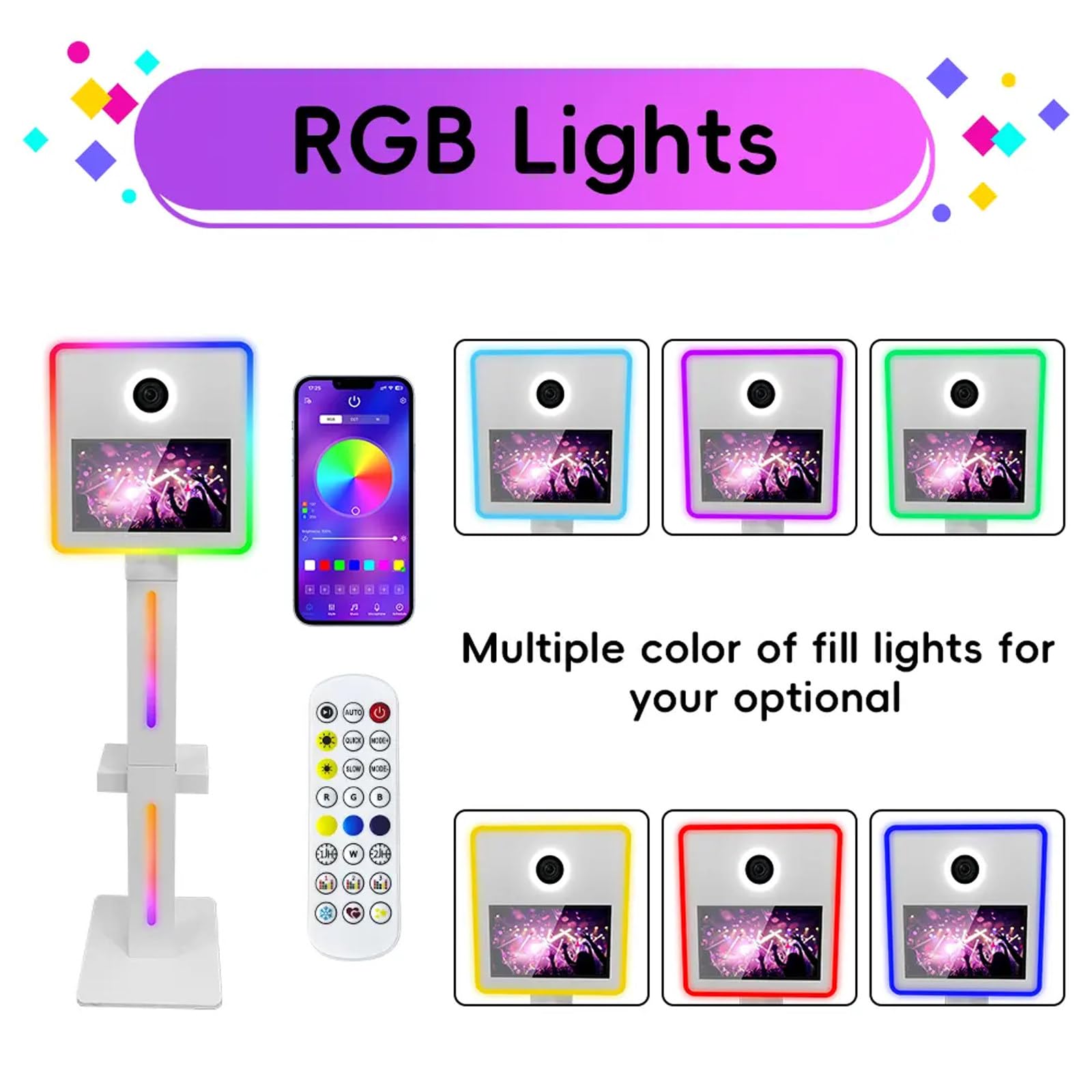 Fotobudka z ekranem dotykowym z oświetleniem RGB, pilot zdalnego sterowania, zawiera dokumenty fotograficzne i walizkę lotniczą, idealna na wesela i imprezy