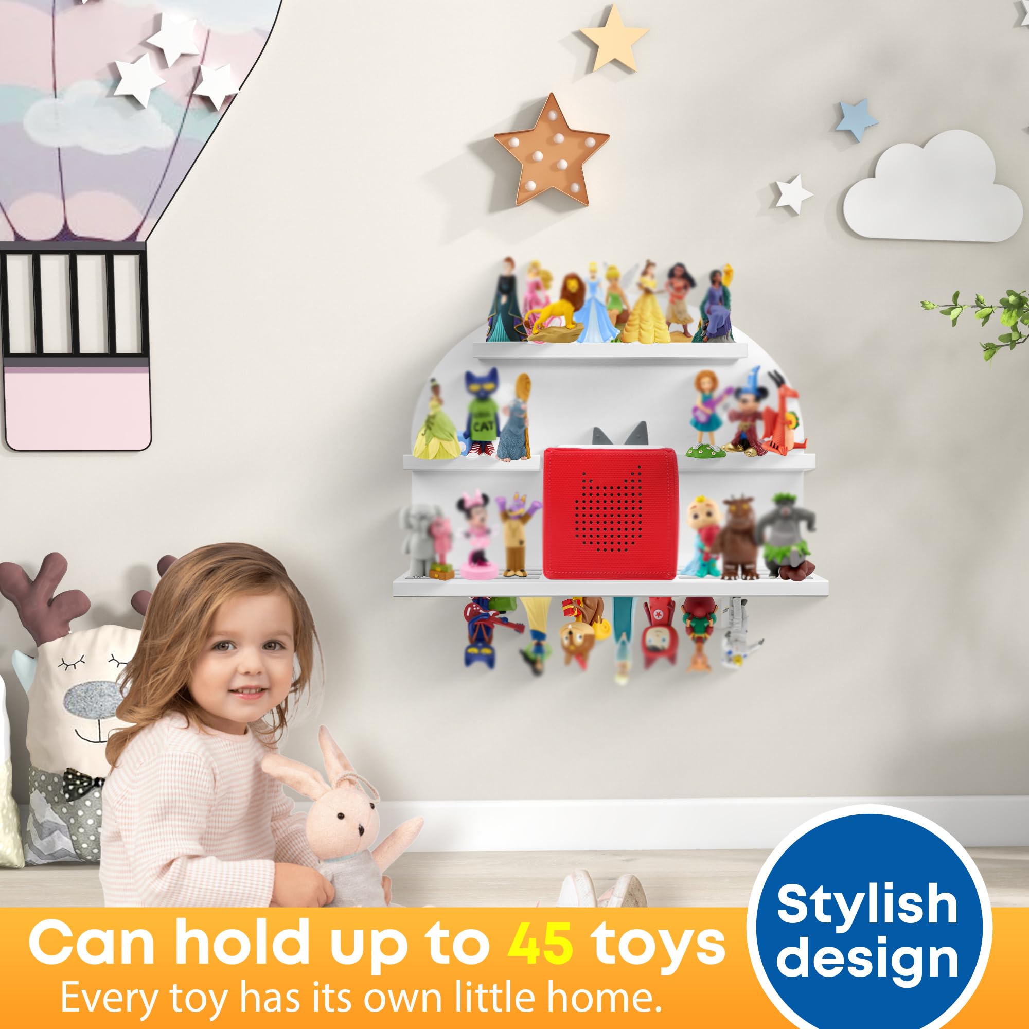 For Tonies Figures Shelf Magnetic,for Tonie box Wall Shelves,for Tonies Characters Organizer Audio Toy Figurine Storage Display Holder,Compatible Charging Station for Kid's Room,Pine,Arch,Large(White) - Image 4