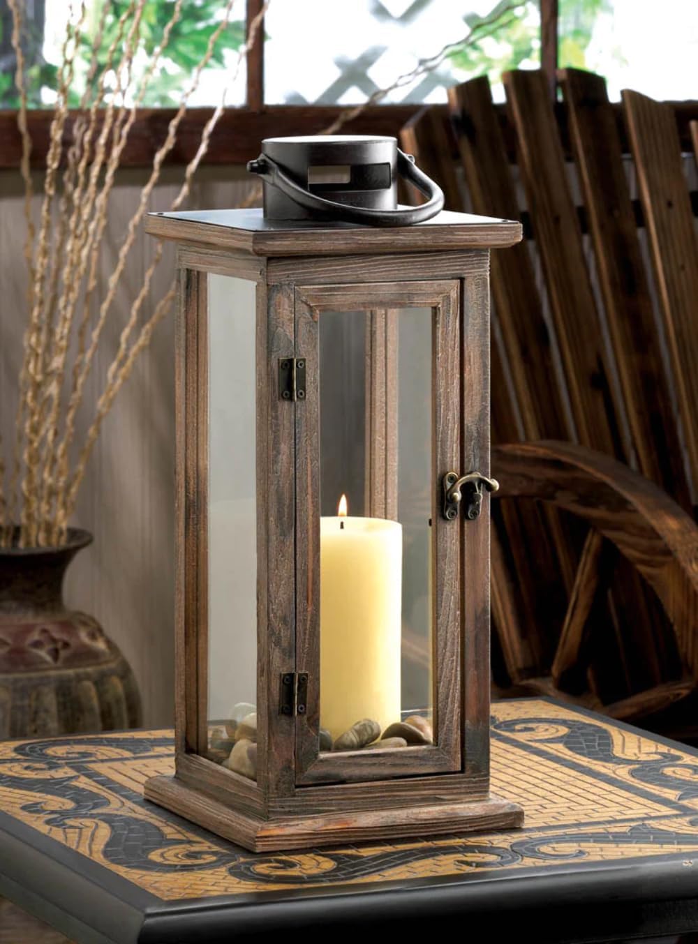 Rustic Wooden and Metal Hanging Candle Lantern
