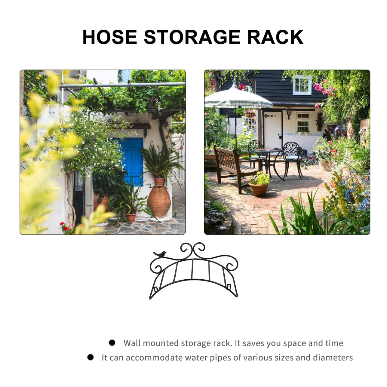 Artibetter Soporte Riego de Hierro Jardín Manguera de Estilo para Negro Antiguo, Organizador Resistente para Tubo y Almacenamiento Pared en Uso