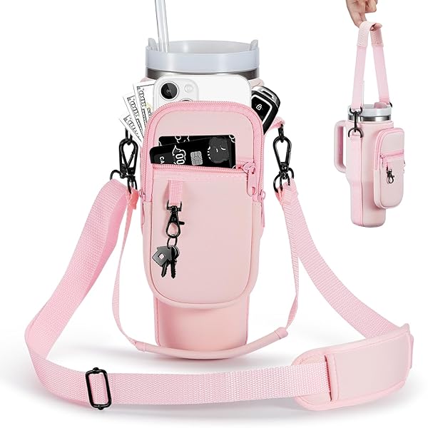 BULKITEM Water Bottle Carrier Bag with Phone Pocket for Stanley 40 & 30 oz Tumbler with Handle,Pink Insulated Neoprene Cup Holder Pouch w/Adjustable Strap for Quencher H2.0 Stanley Cup Accessories