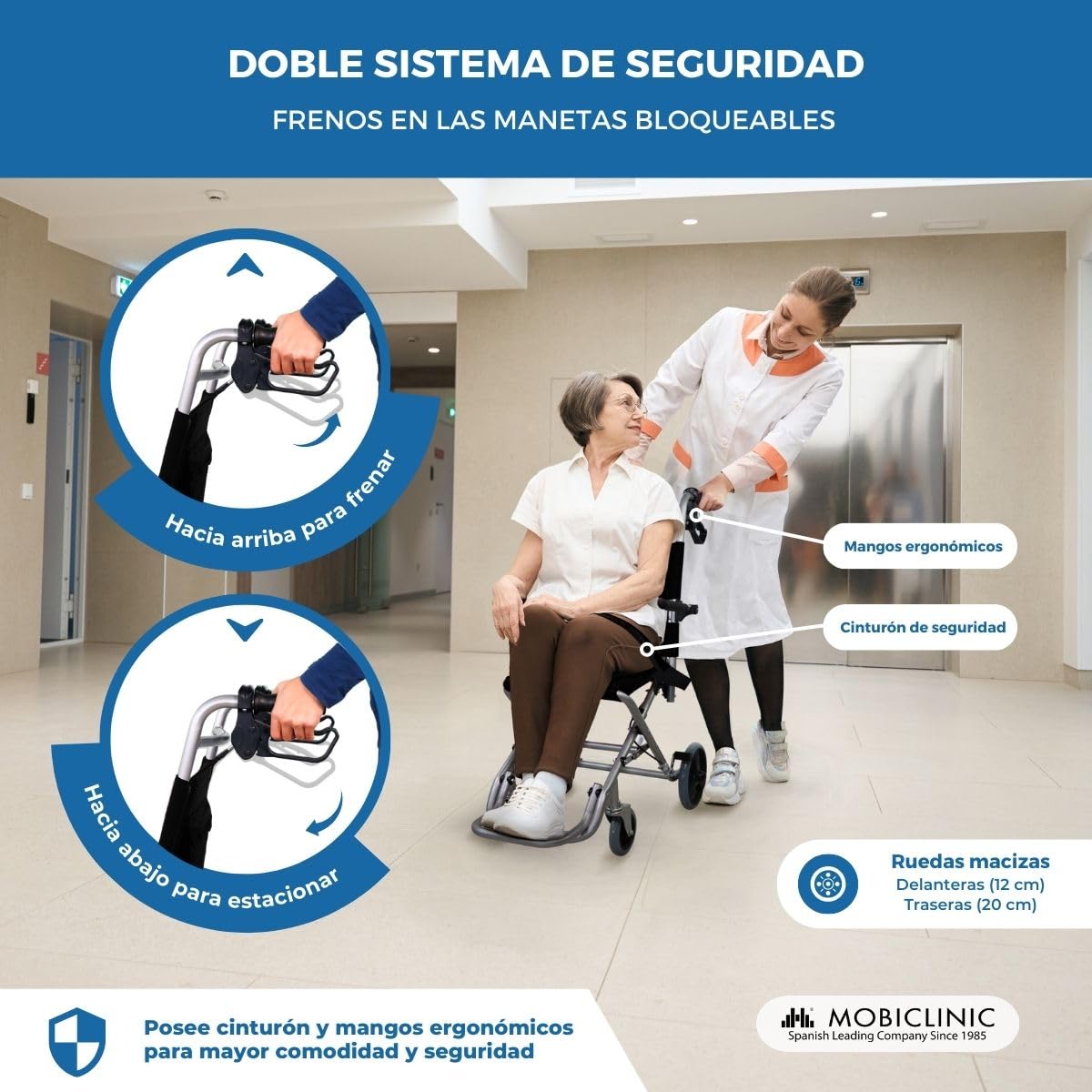 Mobiclinic, Silla de ruedas de tránsito, Neptuno, Aluminio, Plegable, Freno en manetas, Marca Española, Reposapiés plegables, a, Cinturón seguridad, Ergonómica, 93x 49.1x 96 cm