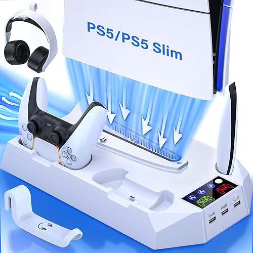 PS5 Slim Cooling Station with Controller Charging Station for PlayStation 5 Console Slim&Standard Disc/Digital, PS5 Cooling Stand Accessories with Cooler Fan/3 USB Hubs/Media&Headset Holder/Screw