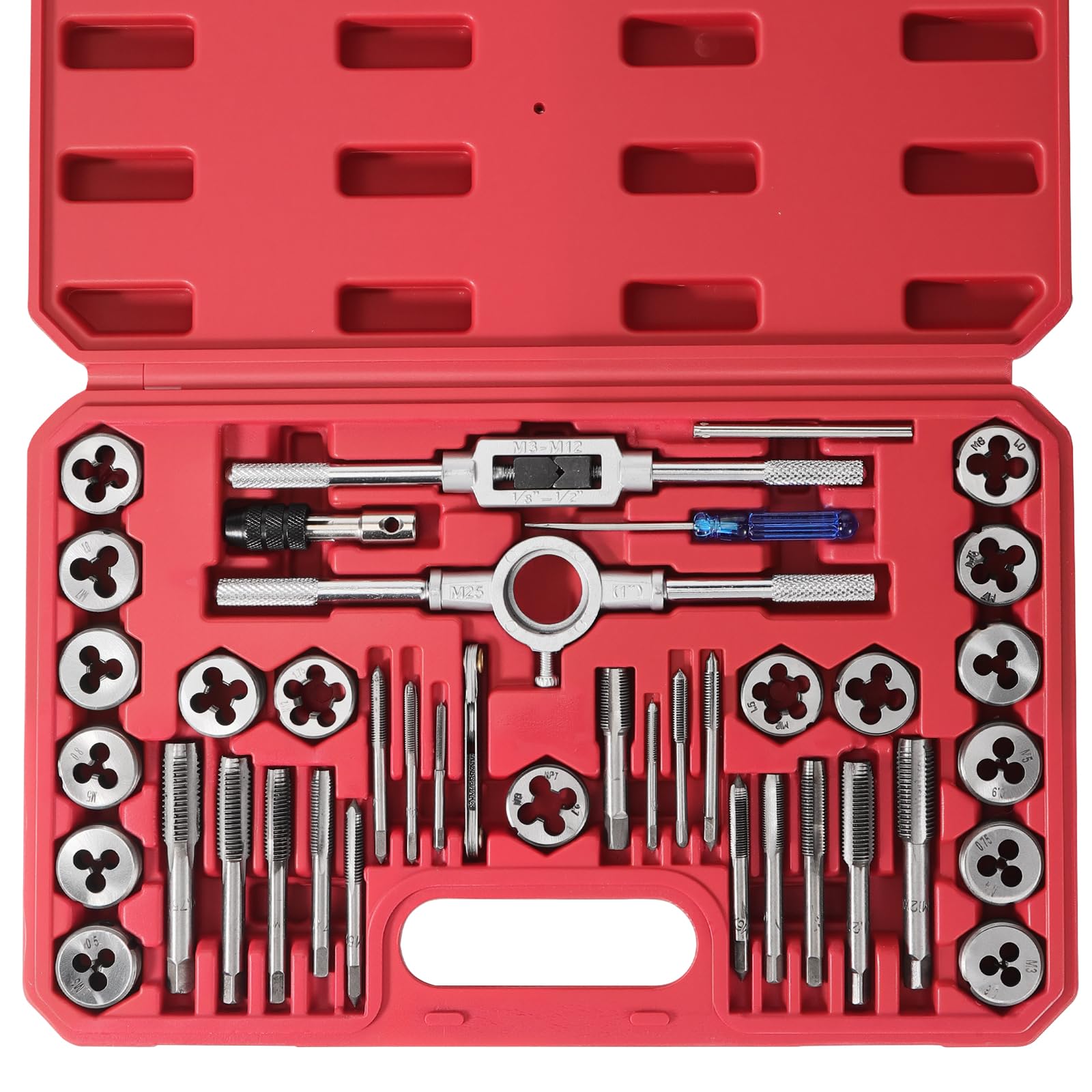 Gueenky 40 Pieces Tap and Die Set, M3-M12 Metric Tapping and Threading Tool Bearing Steel Tap and Die Set with Ratchet Tap Wrench Screw Thread Gauge for Cutting External Internal Thread