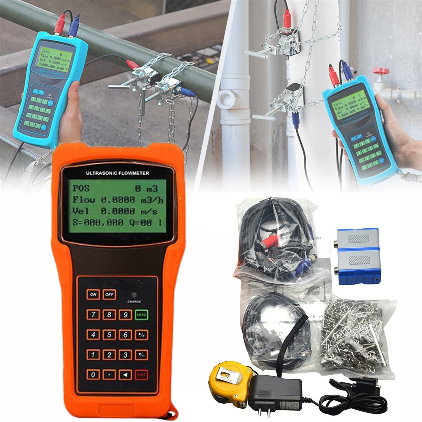 Medidor de flujo ultrasónico portátil de mano con sensor de abrazadera para medición de flujo de agua, ideal para tuberías industriales DN50-700 mm