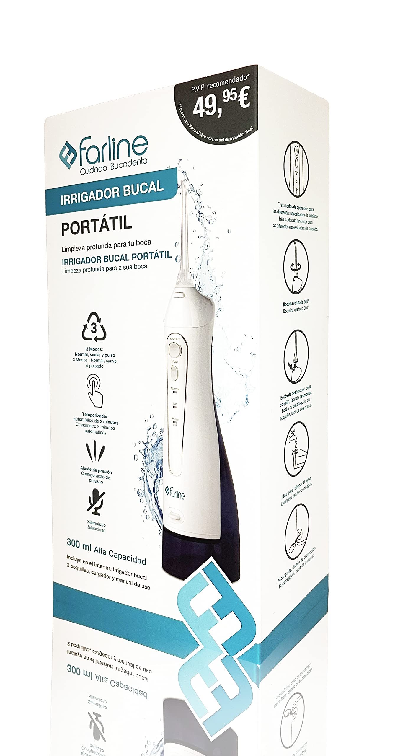 Farline Irrigador Bucal Portátil Dental Inalámbrico inteligente Recargable con un Tanque de Agua de 300ml