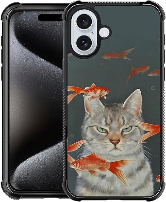 Case Compatible with iPhone 16,Angry Cat Looking at Goldfish, Tempered Glass Back+Soft Silicone TPU Shock Protective Case for iPhone 16.