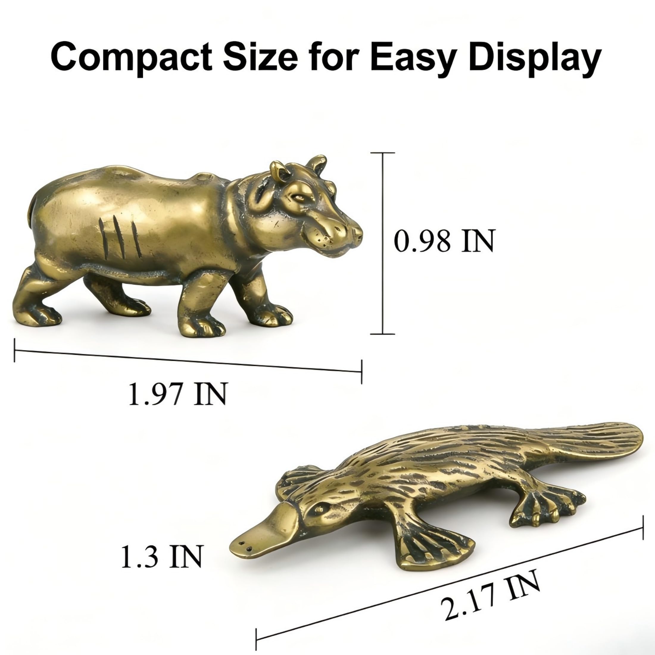 Zestaw 2 miniaturowych figurek zwierząt z mosiądzu – Hipopotam i Dziobak, małe figurki dekoracyjne na półkę biurkową, kolekcjonerska dekoracja do domowego biura w stylu vintage
