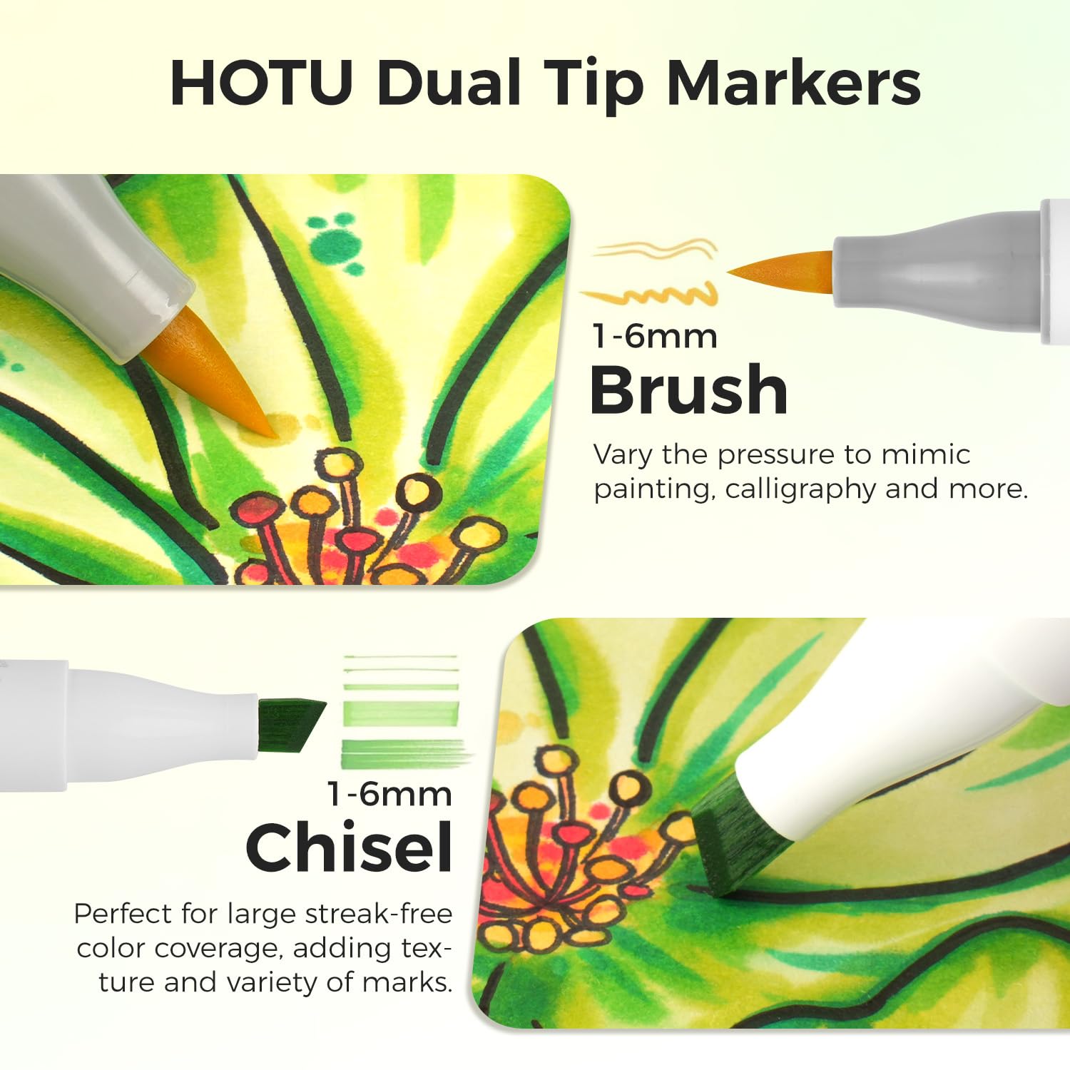 HOTU Alkohol Marker mit Pinselspitze, 120 Farben Doppelspitzige Alkoholmarker, alkohol stifte Set für Illustrationen & Ausmalen – Pinsel & Breitspitze
