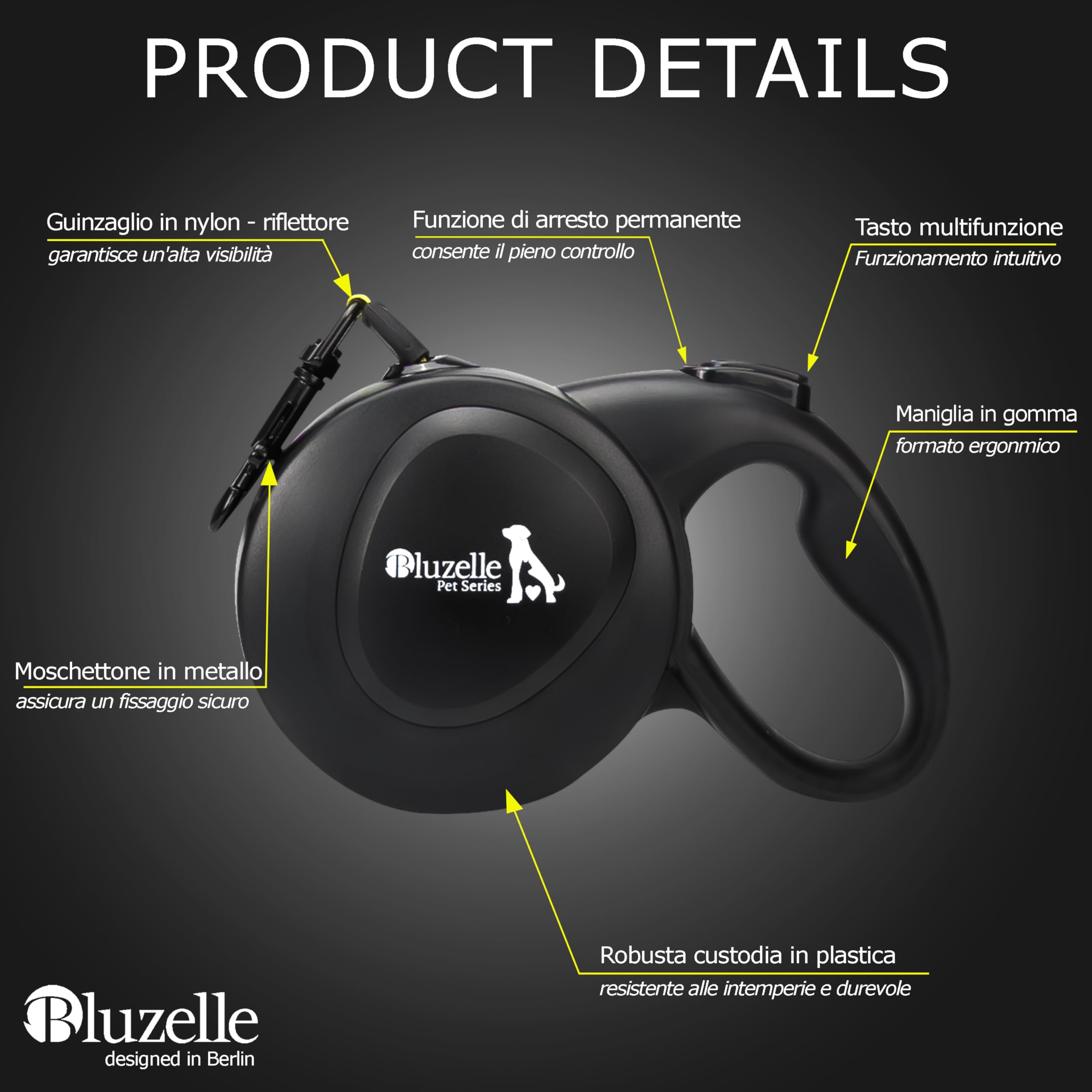 Guinzaglio Retrattile Per Cani Fino A 50 Kg - 8 M, Giallo Neon, Con Moschettone - Foto 5