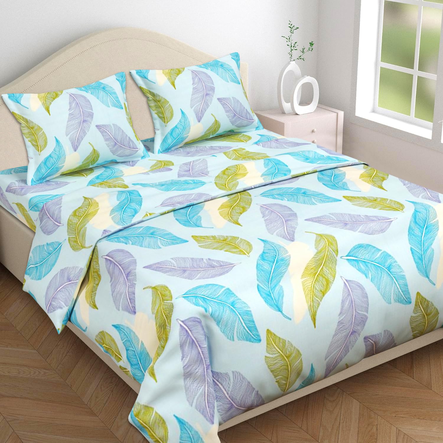 BSB HOME Kingston Collection Super King Size Bedsheets with 2 King Size Pillow Covers| Luxury Soft Sheets (3pcs Set) |108x108 inches, Leaf Printed (Sky Blue & Green)