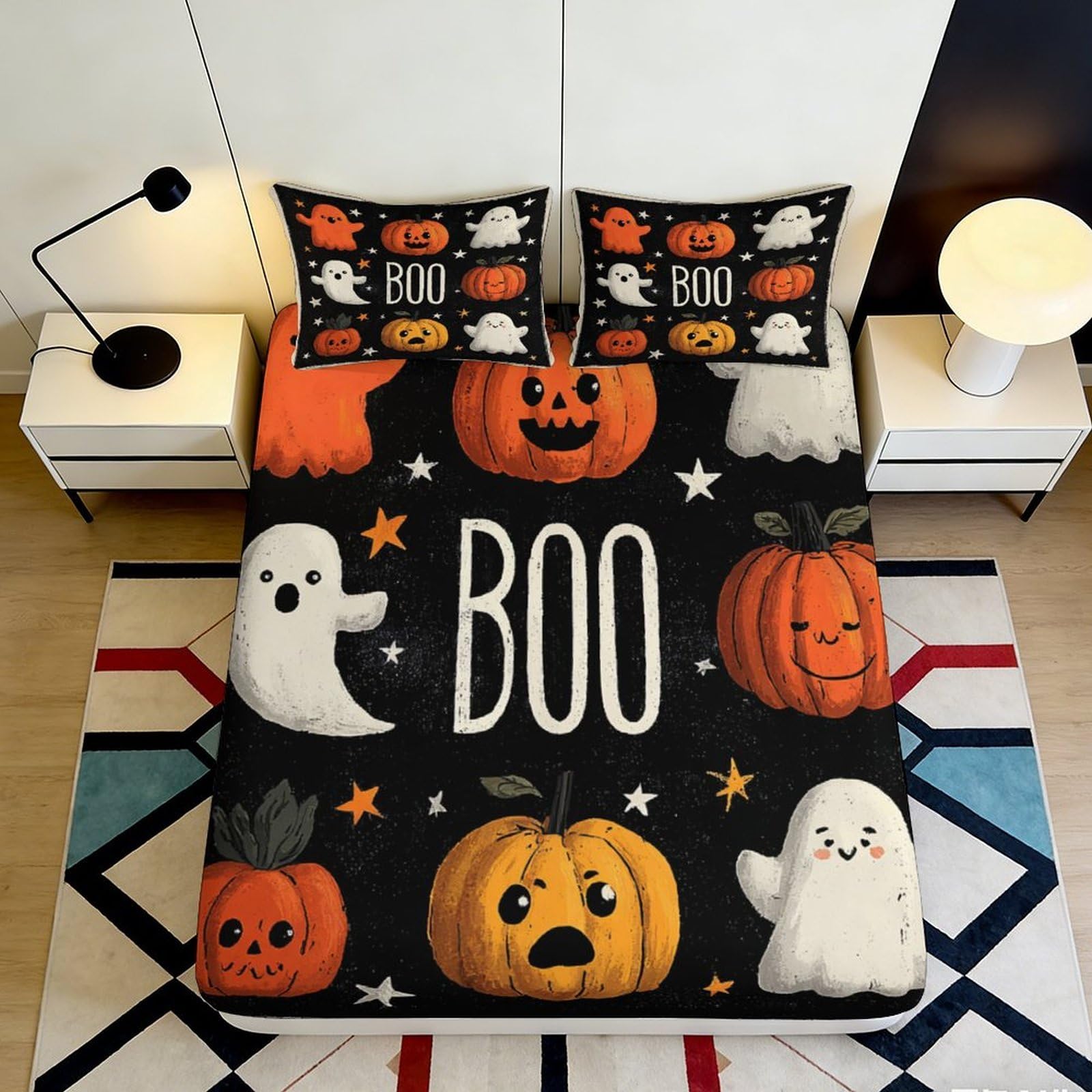 3D Printed Halloween Pumpkin Ghost Fitted Sheet Microfiber Soft Mattress Cover for Bedroom Dorm Protection Decor 140x200x25cm