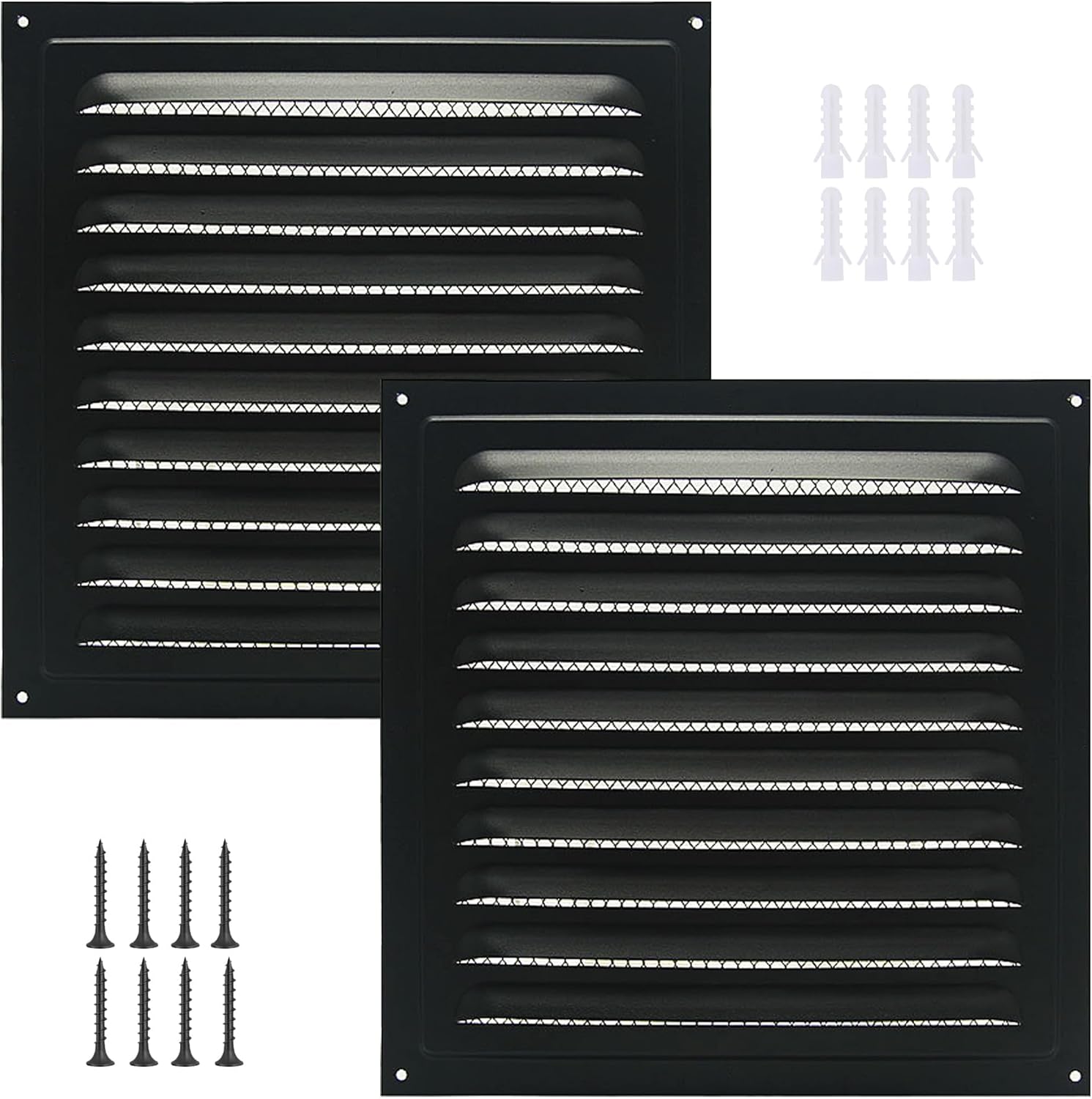 2pcs Attic Vent Soffit Vent Aluminum Wall Vent Metal Shed Vent Square Vent Louver Vent Grille with Built-in Insect Screen for Exterior Door House Attic Garage Ceiling (Black 8" x 8"-2 Pack)