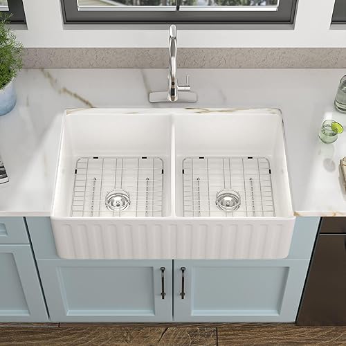 Fulorni - Fregadero de granja blanco con 33 cuencos dobles de 33 x 18 pulgadas, delantal plano delantero, cuenco doble de cerámica de porcelana de