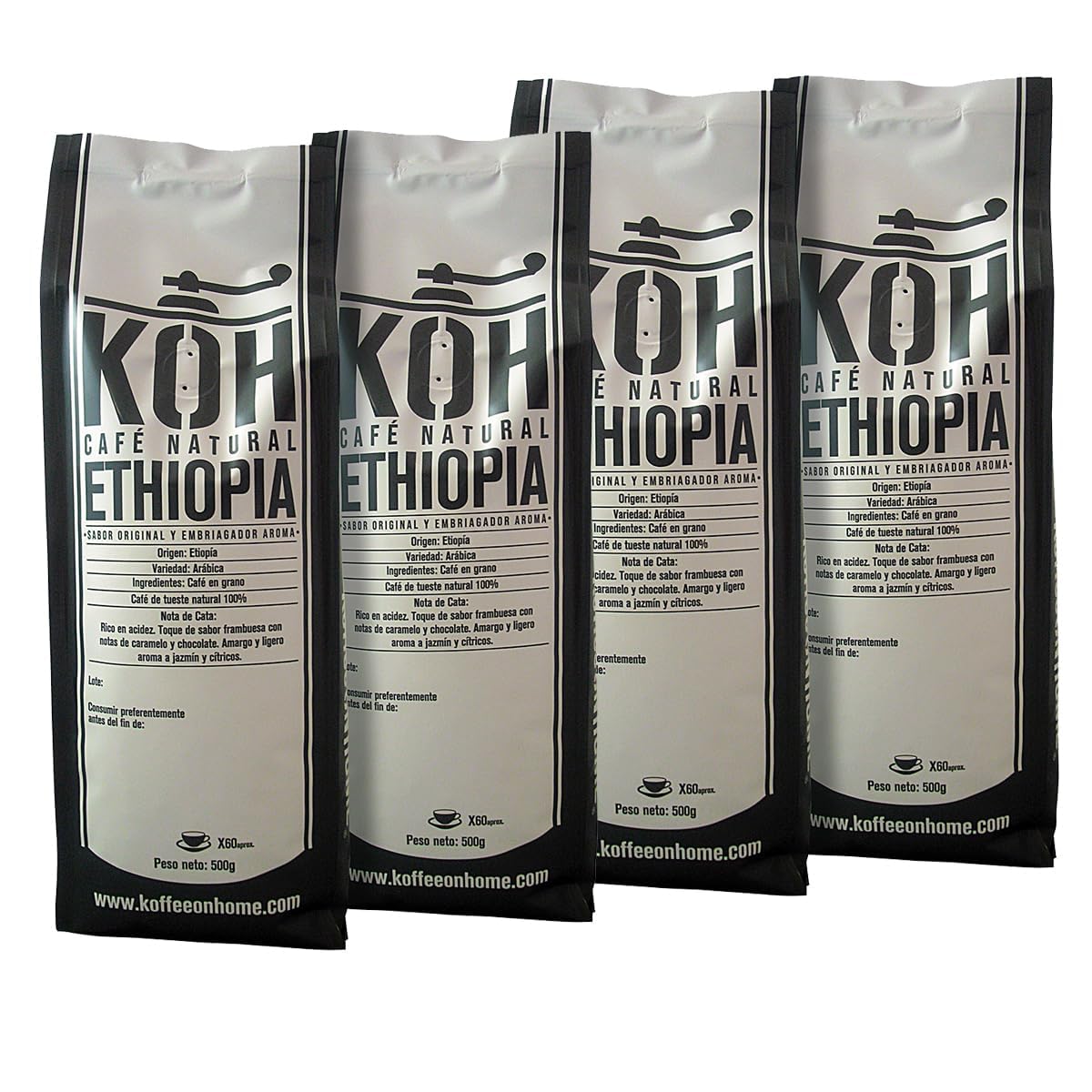 KoffeeONHOME Café en Grano, 100% Arábica, Etiopía, Tueste Natural, 4 Paquetes de 500 gr - 2 kg