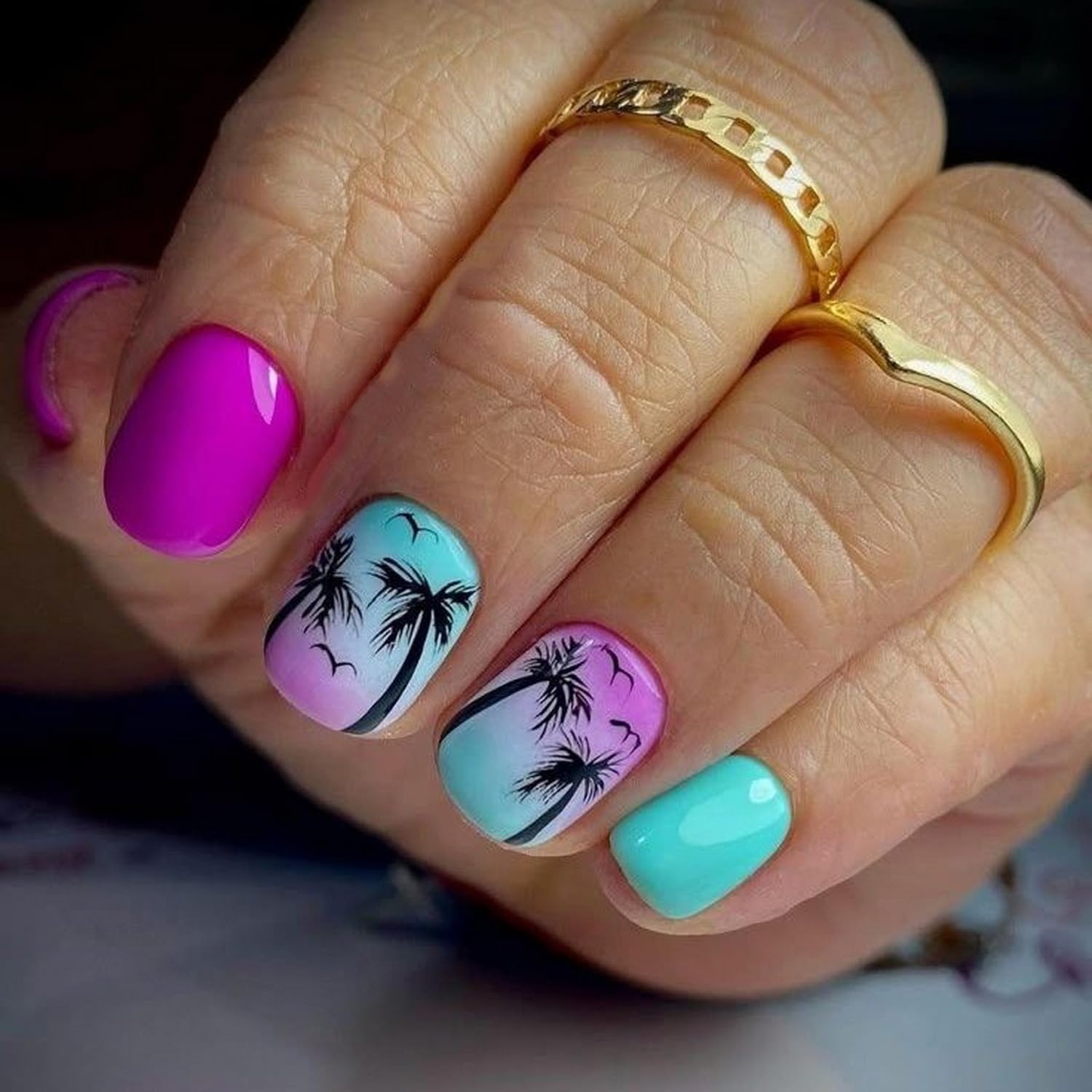 Purple Blue Gradient Press on Nails Short Square Fake Nails Coconut Tree Seagull Designs Summer Press on Nails Stick on Nails Full Cover False Nails