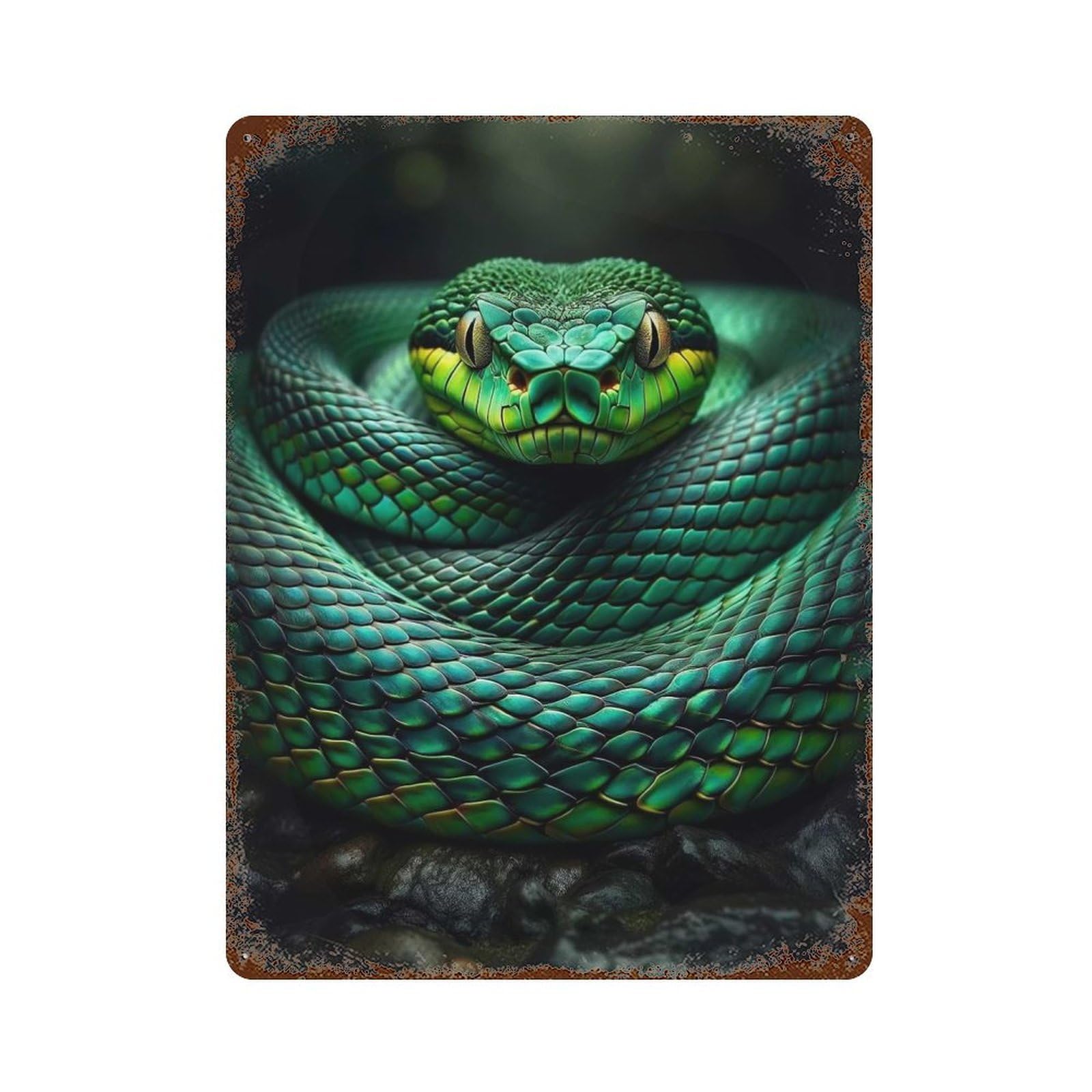 Rust Effect Emerald Snake Rustic Tin Plaque 15.7"x11.8", Classic Wall Plaque for Shed, Workshop And Garage Wall Decor