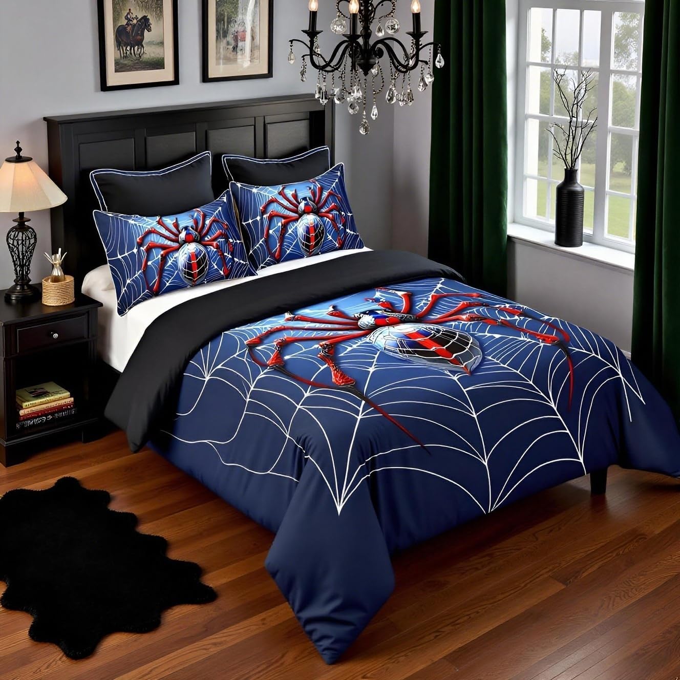 Manfei Spider Web Kids Duvet Cover 100% Cotton Queen Size,Red Black Spider Arachnid Insect Animal Girls Boys Bedding Set,Happy Halloween Gothic Blue Fashion Quilt Cover,2 Pillowcases(No Comforter)