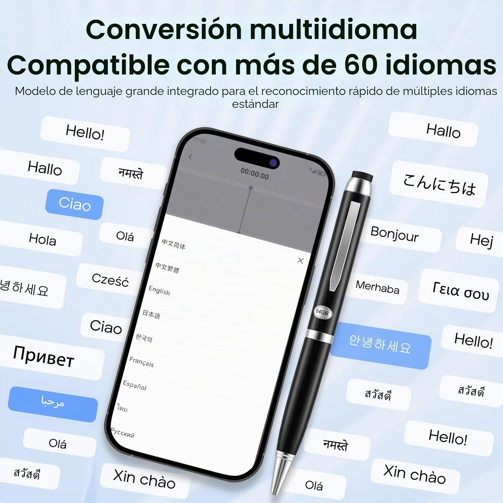 Grabadora de Voz con IA de 64GB, Bolígrafo Grabador de Audio con Transcripción y Traducción en Tiempo Real, Micrófono Espía Oculto, Resumen por IA y Mapa Mental, para Reuniones, Clases y Entrevistas