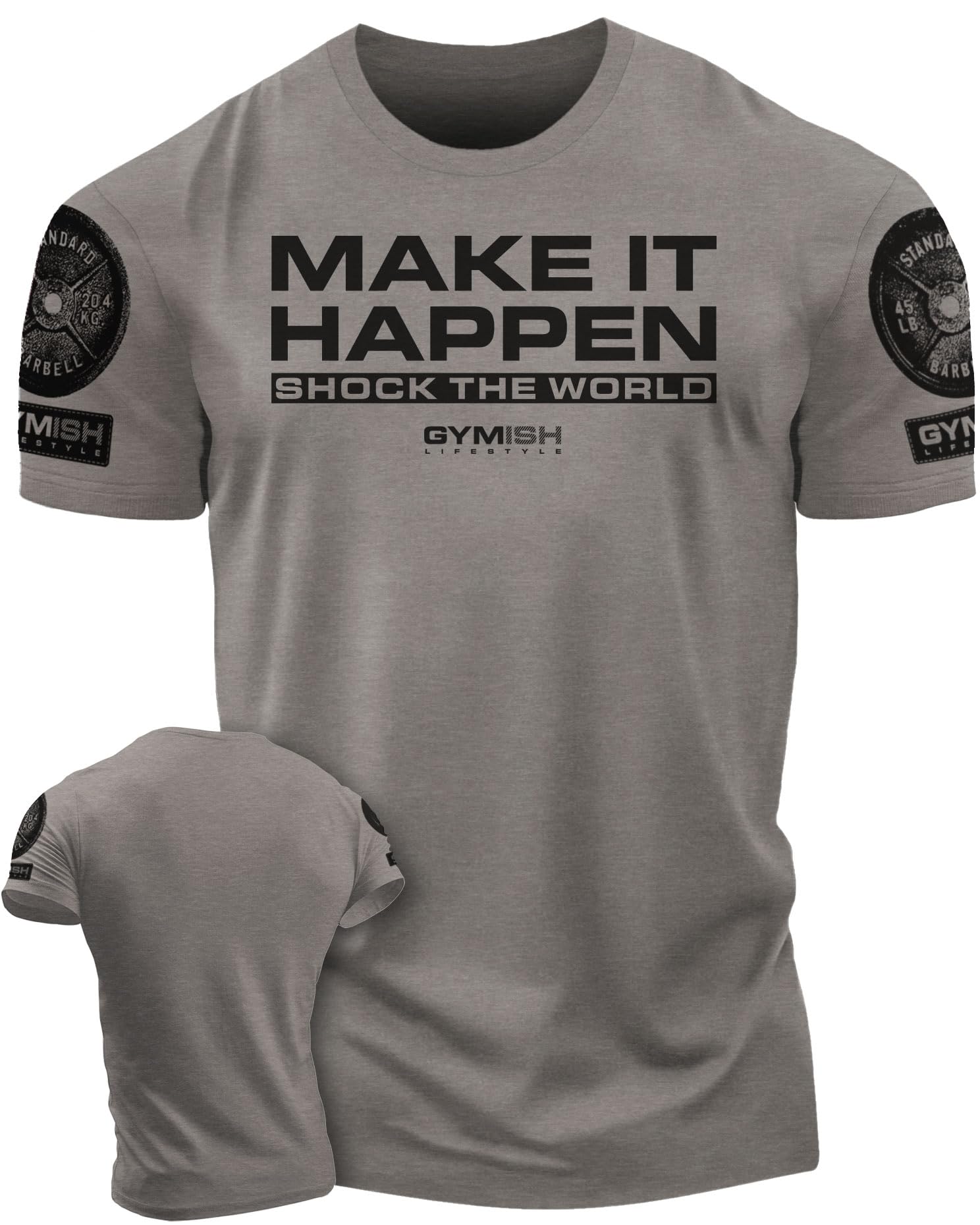 Shock The World Make It Happen Simple Weightlifting Workout Gym Tshirt (XL, Shock The World Warm Grey Branded)
