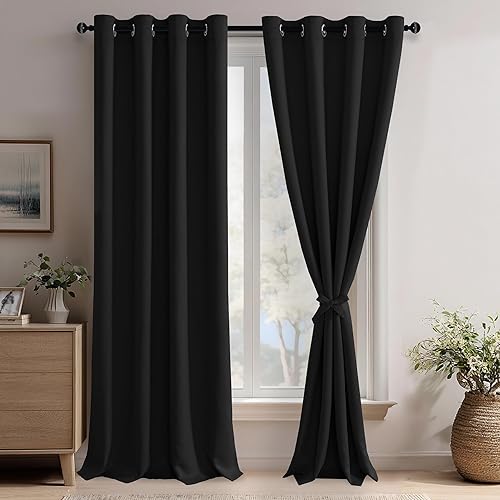 JIUZHEN Cortinas opacas de aislamiento térmico y acústico con tiras de amarre, de color negro, bloquean la luz del sol y reducen el ruido, paneles