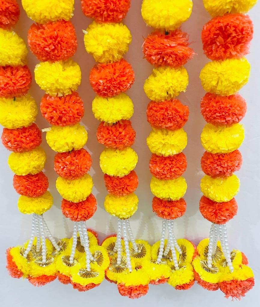 SPHINX Artificial Marigold Fluffy Flowers with Gota and Off-White Pearls/Beads Garlands/Strings for Festive Pooja Wedding Housewarming Decorations Approx. 4.75ft (Yellow and Dark Orange)