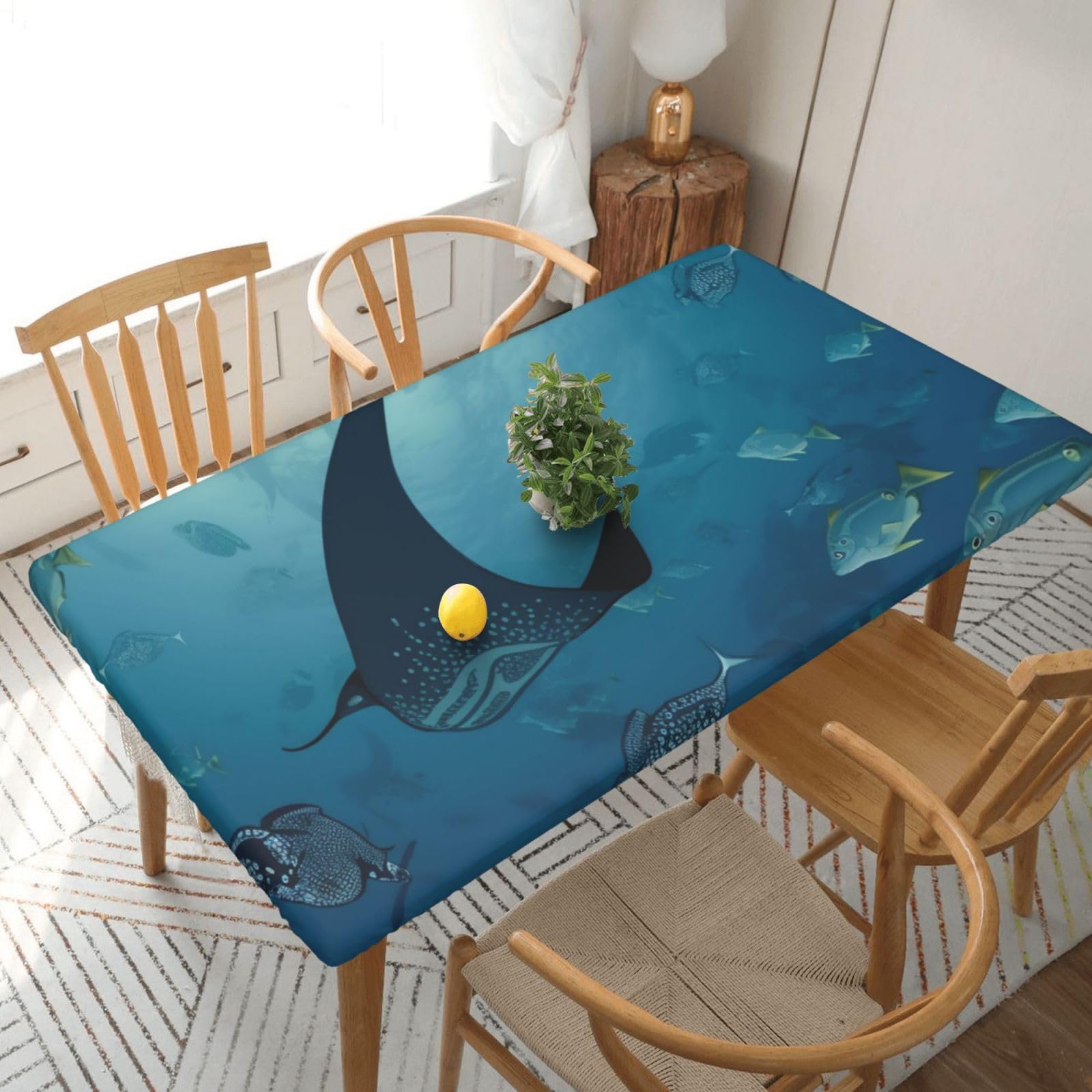 WPKJU Manta Ray and Fish Printed Tablecloths 5ft Rectangular Table Covers Washable Polyester Decorative Table Cloth for Dining Table Picnic Wedding