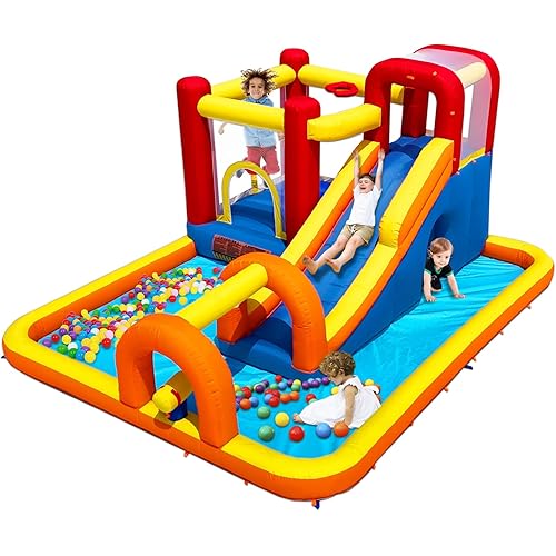 Baralir Inflatable Bounce House Water Park with Long Water Slide & Large Splash Pool Fits 5 Kids, Endless Fun of Jumping, Sliding, Climbing - Extra Cave and Tunnel Adventure and Water Cannon