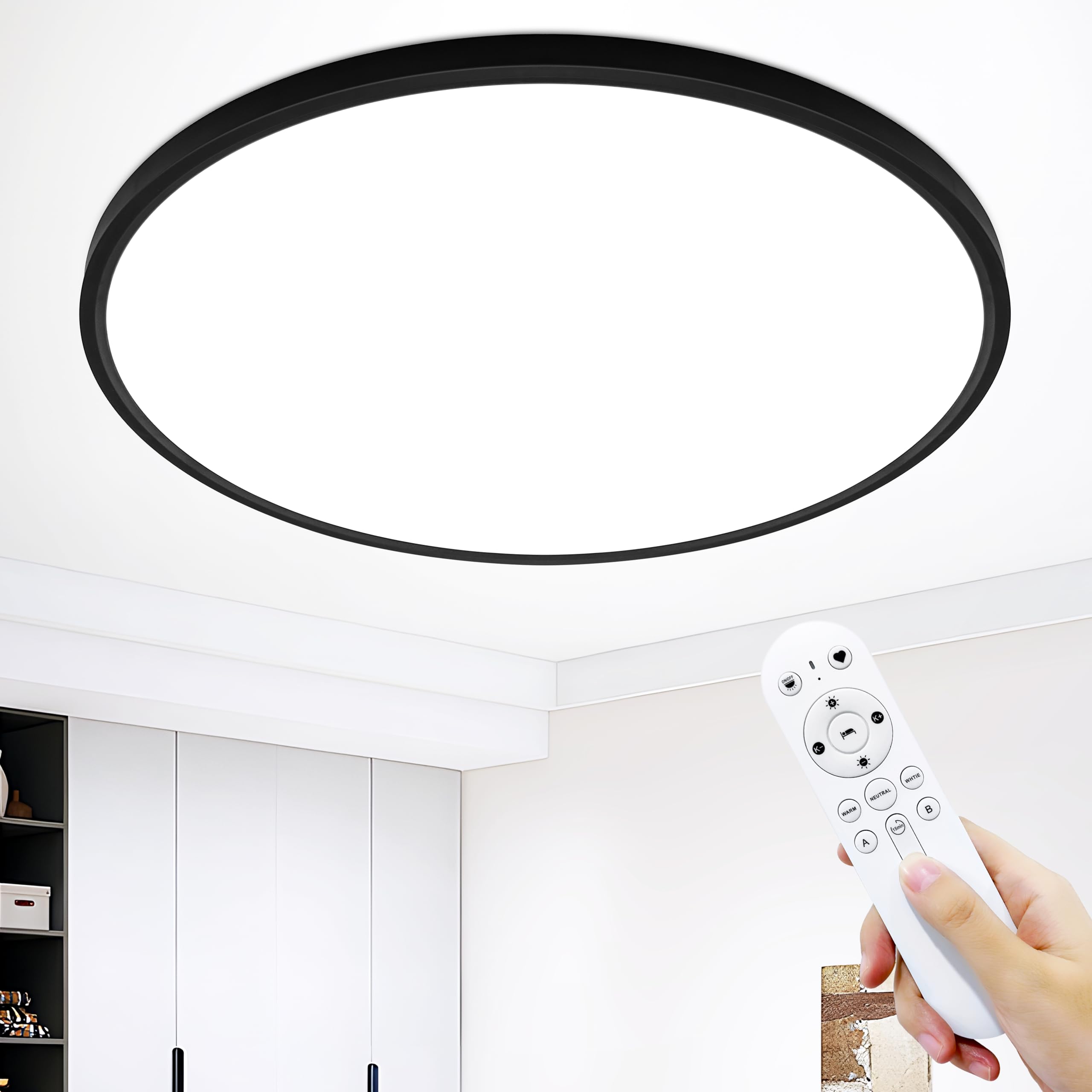 MOONSEA 48W LED Deckenleuchte Flach Dimmbar mit Fernbedienung, Ultra Dünn Deckenlampe Wohnzimmer, 3000-6000K Ø50cm, Deckenleuchte Dimmbar für Wohnzimmer Schlafzimmer Kinderzimmer Büro, Schwarz