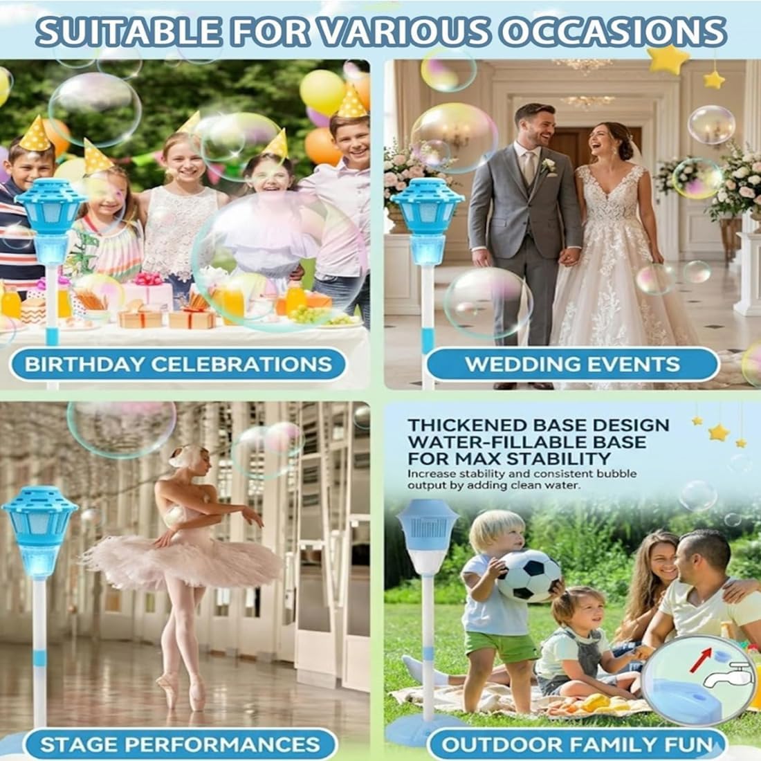 Automatic Handheld Bubble Machine, Outdoor Standing Light Up Bubble Blower, Electric Stand up Bubbles Maker for Party Wedding Play, Adjustable Height (Blue)