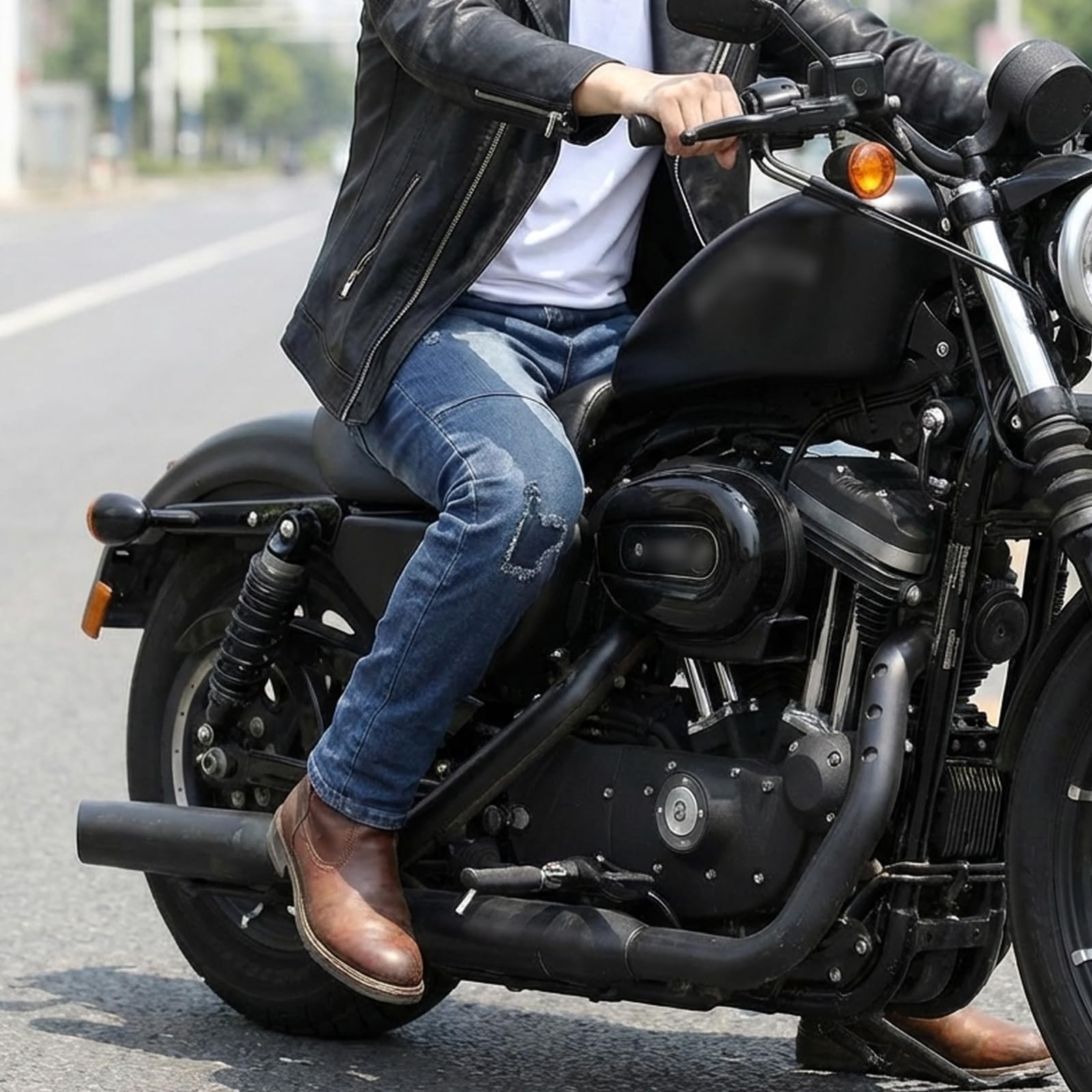 Męskie dżinsy do jazdy motocyklem, slim fit, rozciągliwe spodnie dżinsowe z kieszeniami na kolana i biodra, dżinsy dla motocyklistów