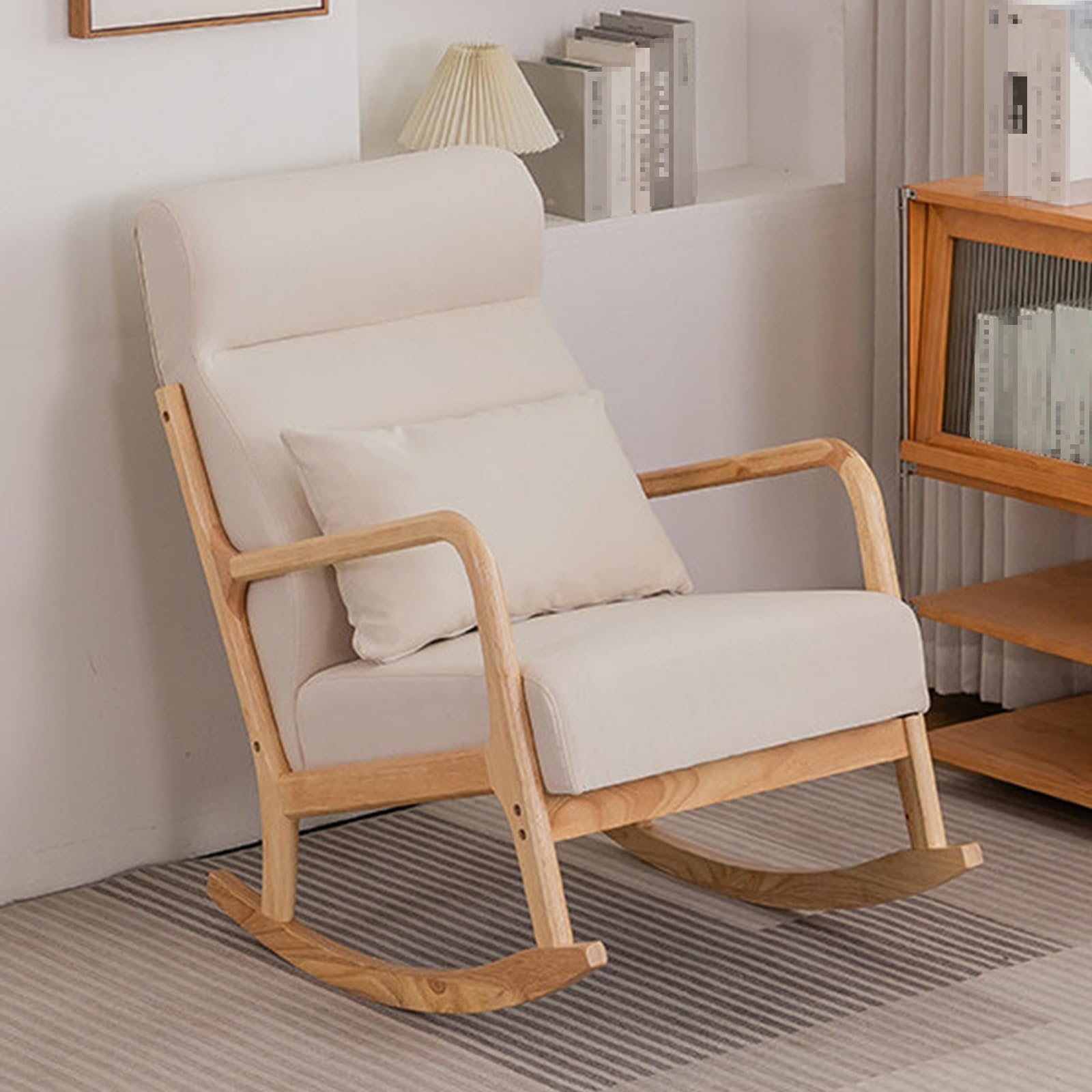 GTHTUHFD Wood Rocking Chair, Reclining Chair With High Backrest, Armchair With Lumbar Pillow, Ergonomic Cushion Rocker Chair, For Indoor, Bedroom, Living Room,Beige