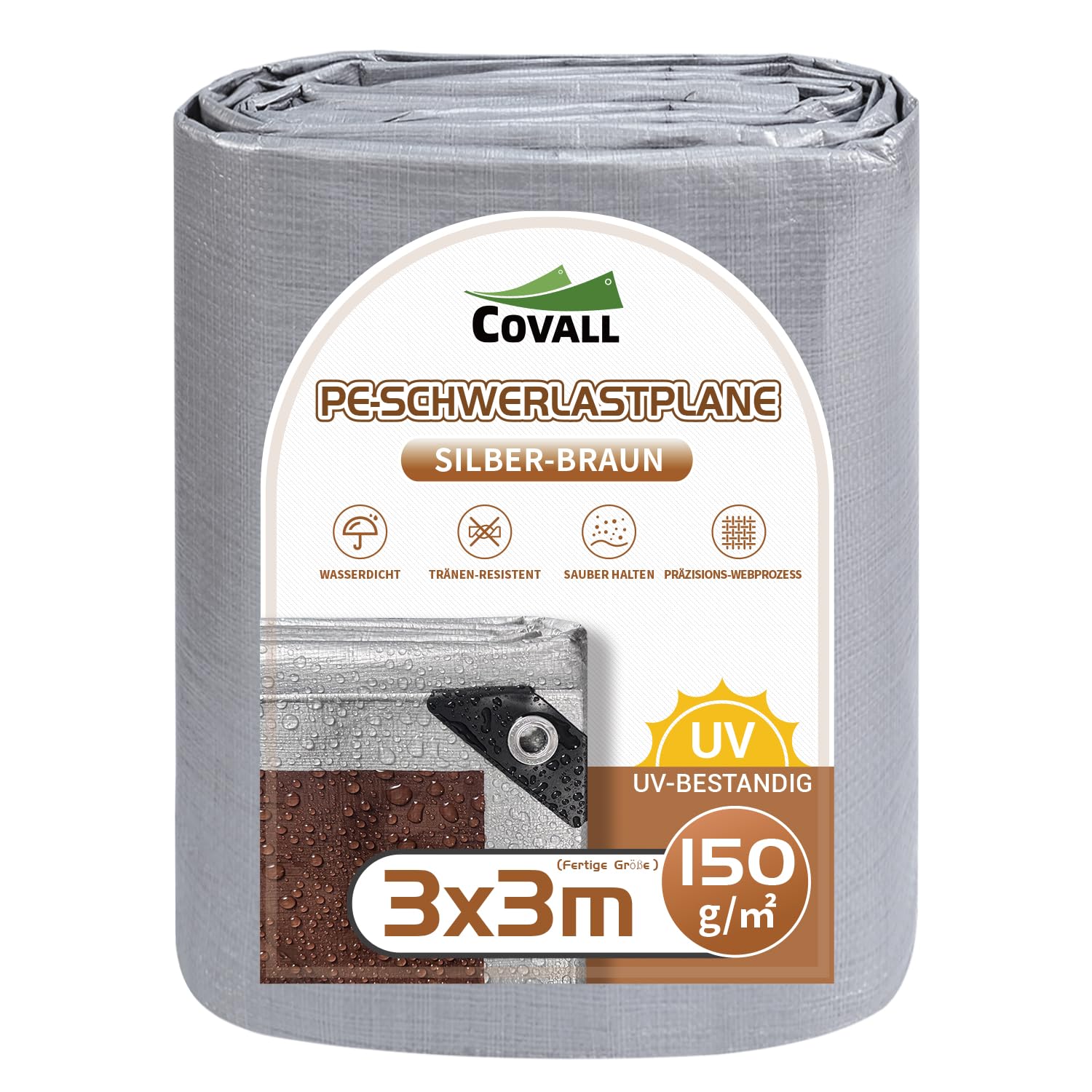 COVALL Abdeckplane Fertigmaß 3x3m, wasserdicht 150g/m² PE Schutzplane Gewebeplane mit Ösen, UV stabil reißfest LKW Plane, Mehrzweck Abdeckung