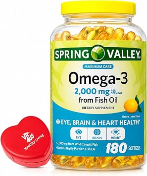 Spring Valley Maximum Care Omega-3 Fish Oil 2000mg, 180 Softgels with Pill Box for Eye, Brain & Heart Health
