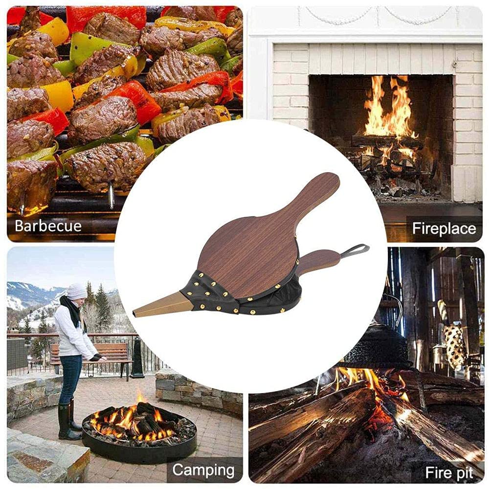 Soplador de Chimenea Manual, Soplador de Chimenea, Soplador de Aire de Madera, Boquilla Fundida de Fuelle de Madera para Chimenea con Cordón, para Chimenea, Parrilla Barbacoa, Estufa Leña, Marrón