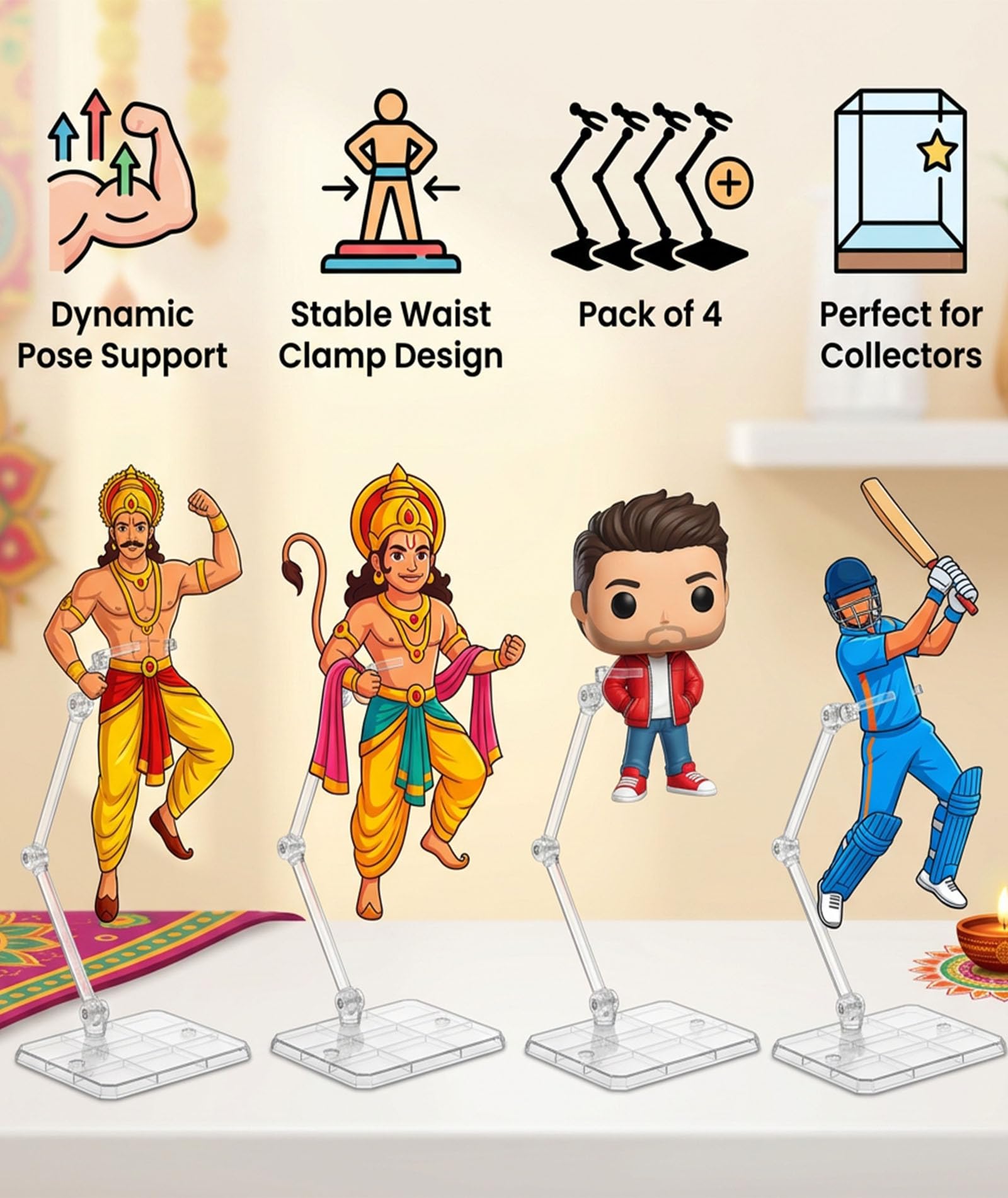 4PCS Action Figure Stand, Waist Clamp Support for Dynamic Poses and Long Term Display, Stable Base for Photographers and Collectors to Protect Your Figure Collection, Universal Compatibility with Most Doll and Model Toys 1