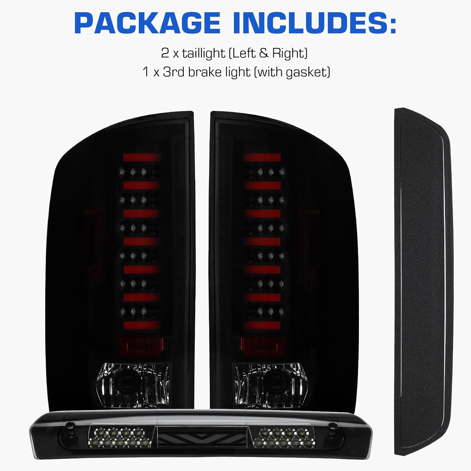 LED Tail Light + 3rd Brake Light Kit Fit for Dodge Ram 1500 2002-2006 / Fit for Dodge Ram 2500 3500 2003-2006 Rear Brake Cargo Lamp Taillight Assembly, Black Housing Smoke Lens