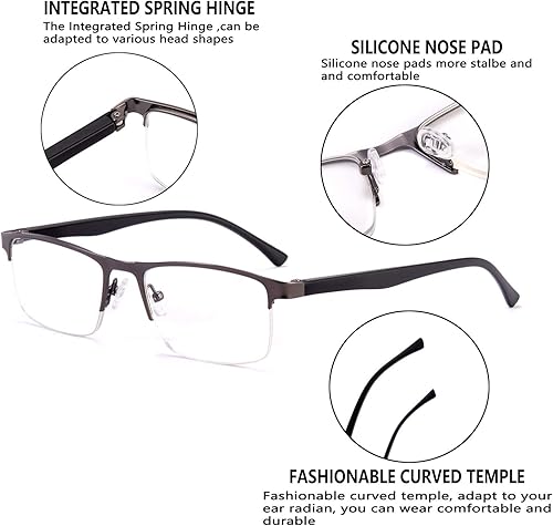 Miniatura 5 de FONHCOO Paquete de 3 lentes de lectura con bloqueo de luz azul, medio marco, bisagra de resorte, marco de metal, lentes rectangulares para hombres y