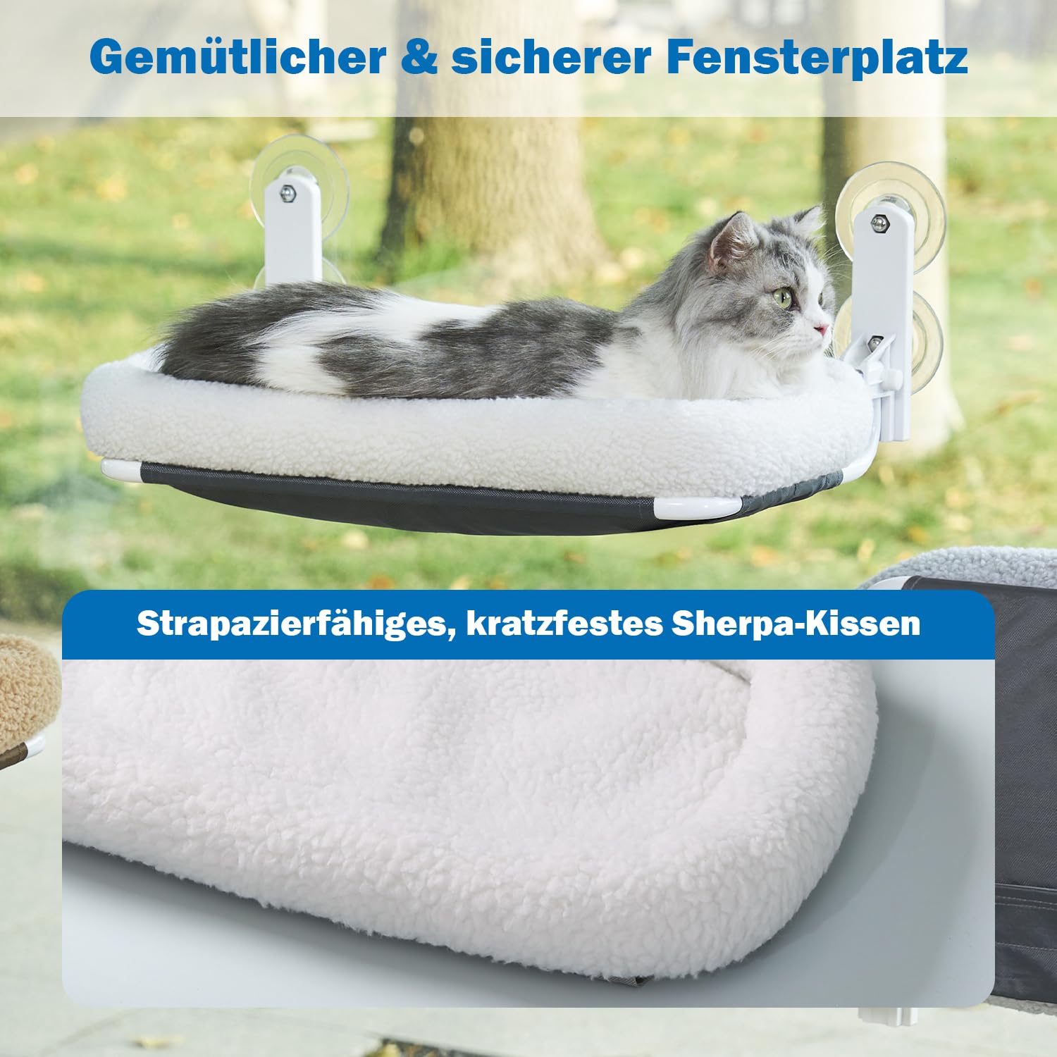 Zakkart Faltbare Katzenhängematte für Fenster - Kabellos, Eingebettetes Maschinenwaschbares Bett, Robuster Metallrahmen, Katzenfensterstange für große Katzen und Kätzchen (weißes, groß)