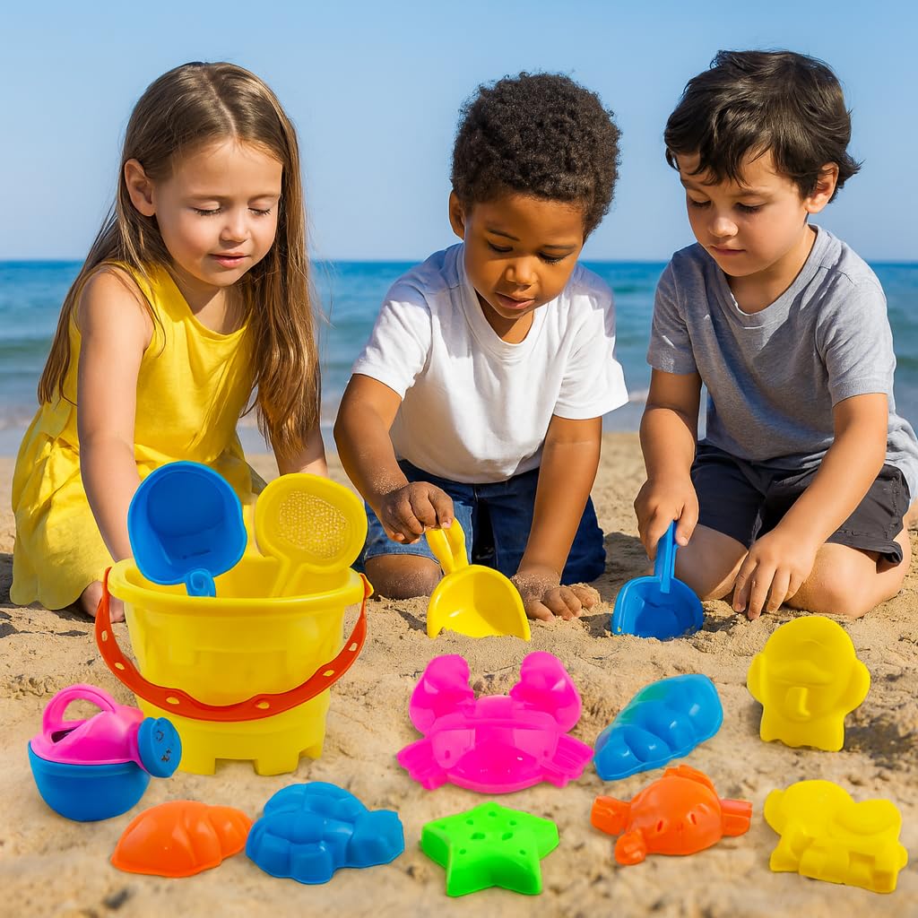 WISHKEY Sand Game Castle Building Plastic Beach Toy Set for Kids Summer Fun Creative Activity Playset & Gardening Tool with Fishes, Elephant & Bucket (Pack of 10, Multicolor)