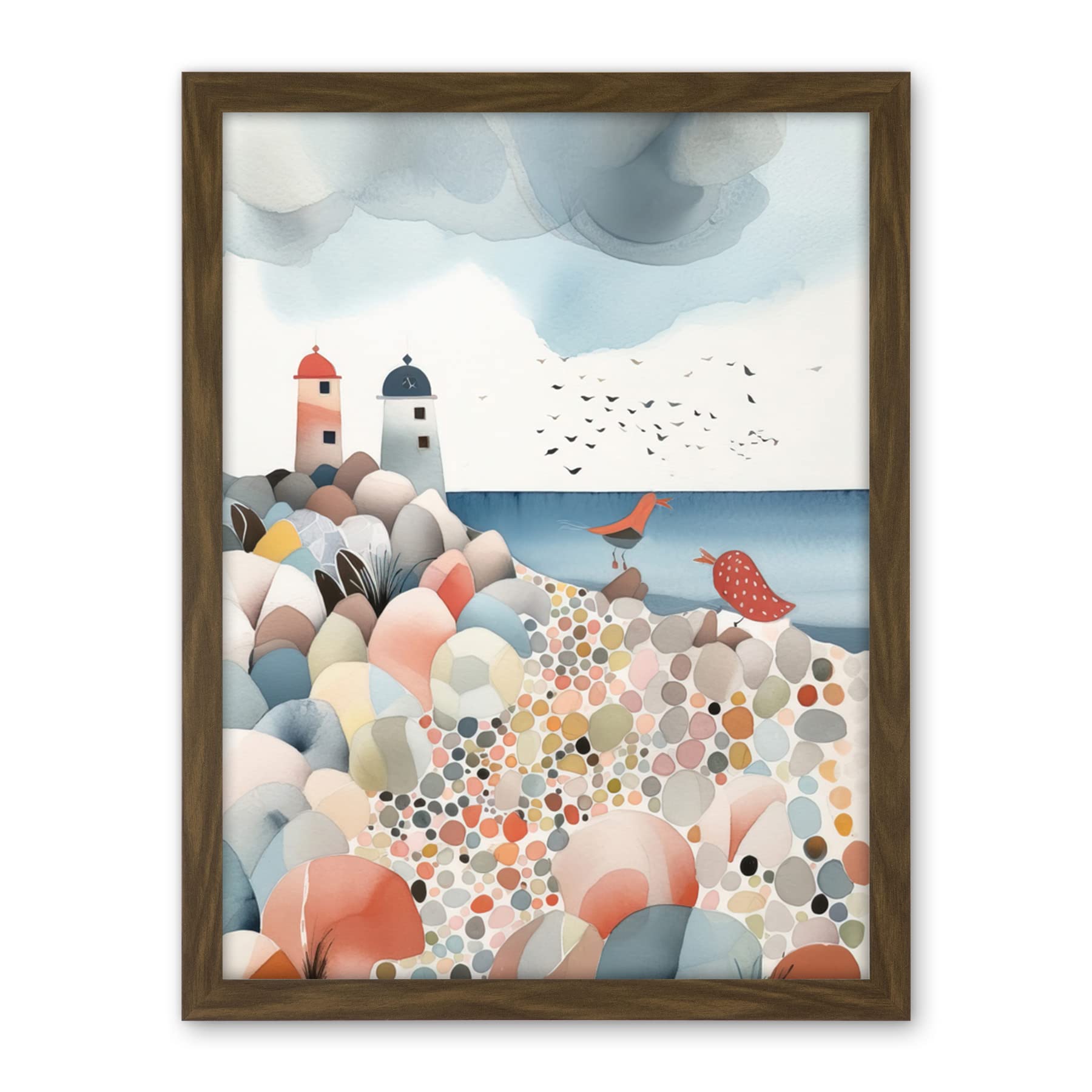 Artery8 Lighthouses On Multicoloured Pebble Beach Watercolour Painting Artwork Framed Wall Art Print 18X24 Inch