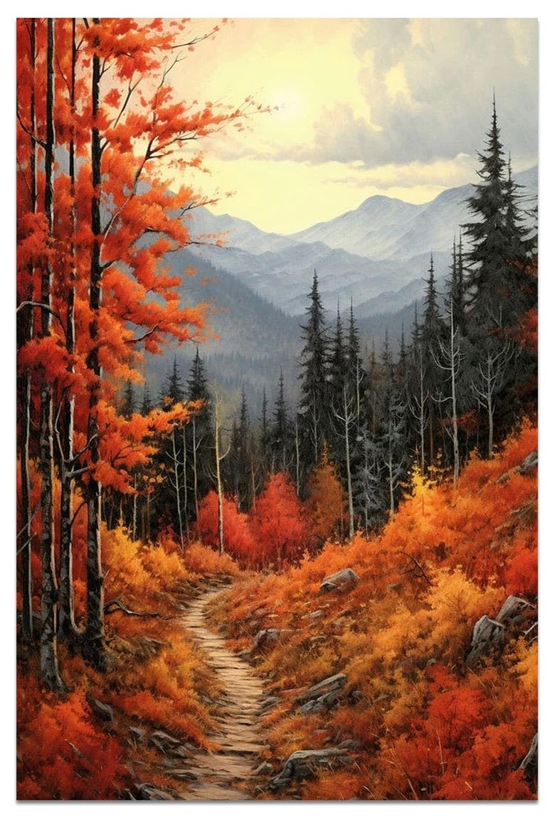 Frameless Forest Wall Art Modern Canvas Print Red Maple Trees Painting Autumn Fall Forest Nature Photography Realism Rustic Scenic Relax Calm