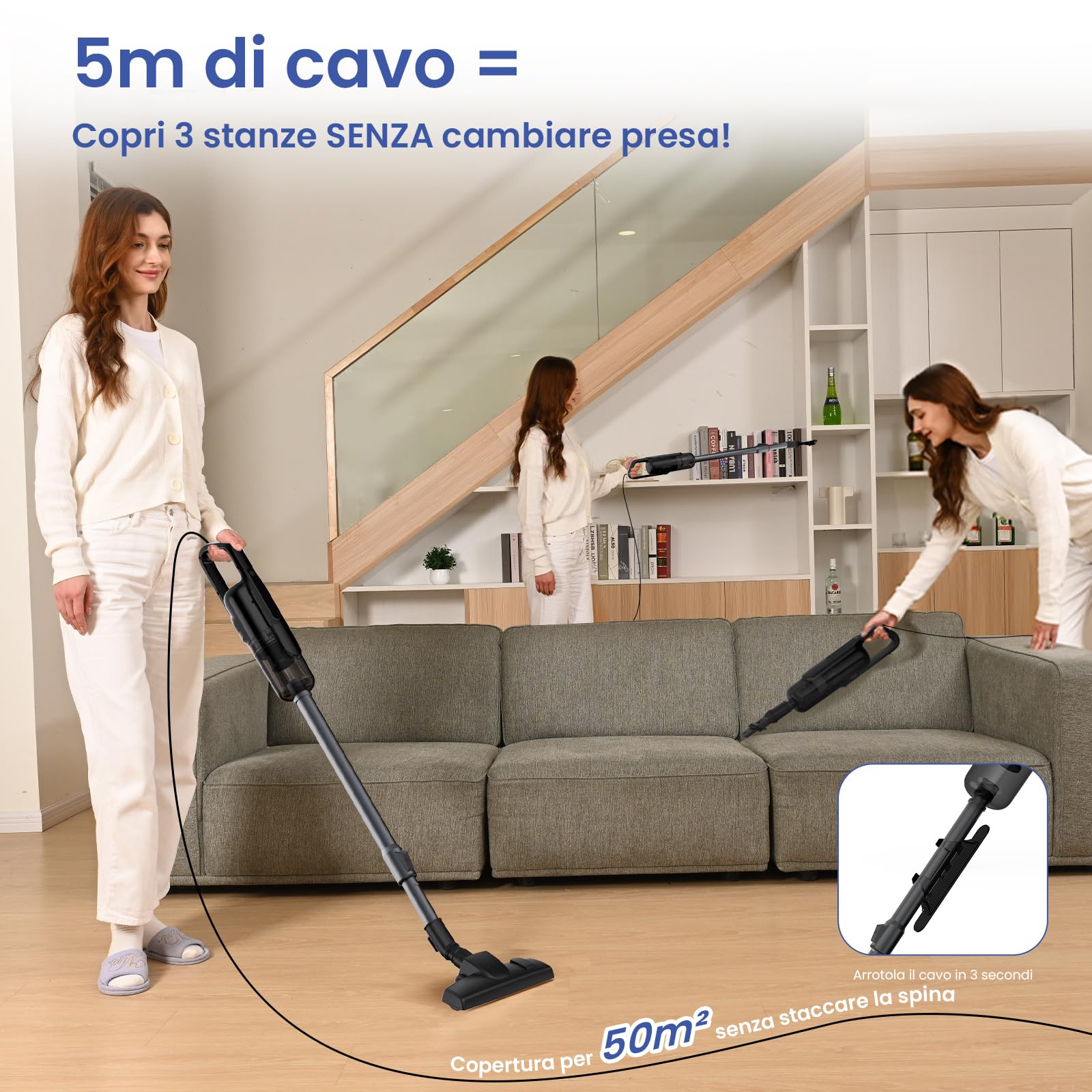 VersLife C8PRO Aspirapolvere con Filo, Scopa Elettrica 30KPa 600W con Bocchetta Senza Spazzola, Aspirapolvere Potente con Cavo da 5M, Filtro HEPA, Tubo Telescopico, per Pavimenti, Tappeti e Tende