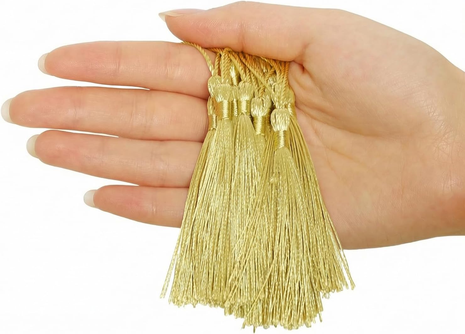 100Pcs Gold Mini Tassels 5Inch Silky Floss Bookmark Key Chain Tassels with Cord Loop Small Chinese Knot for Crafts Jewelry Making Book Marks DIY Craft Accessory