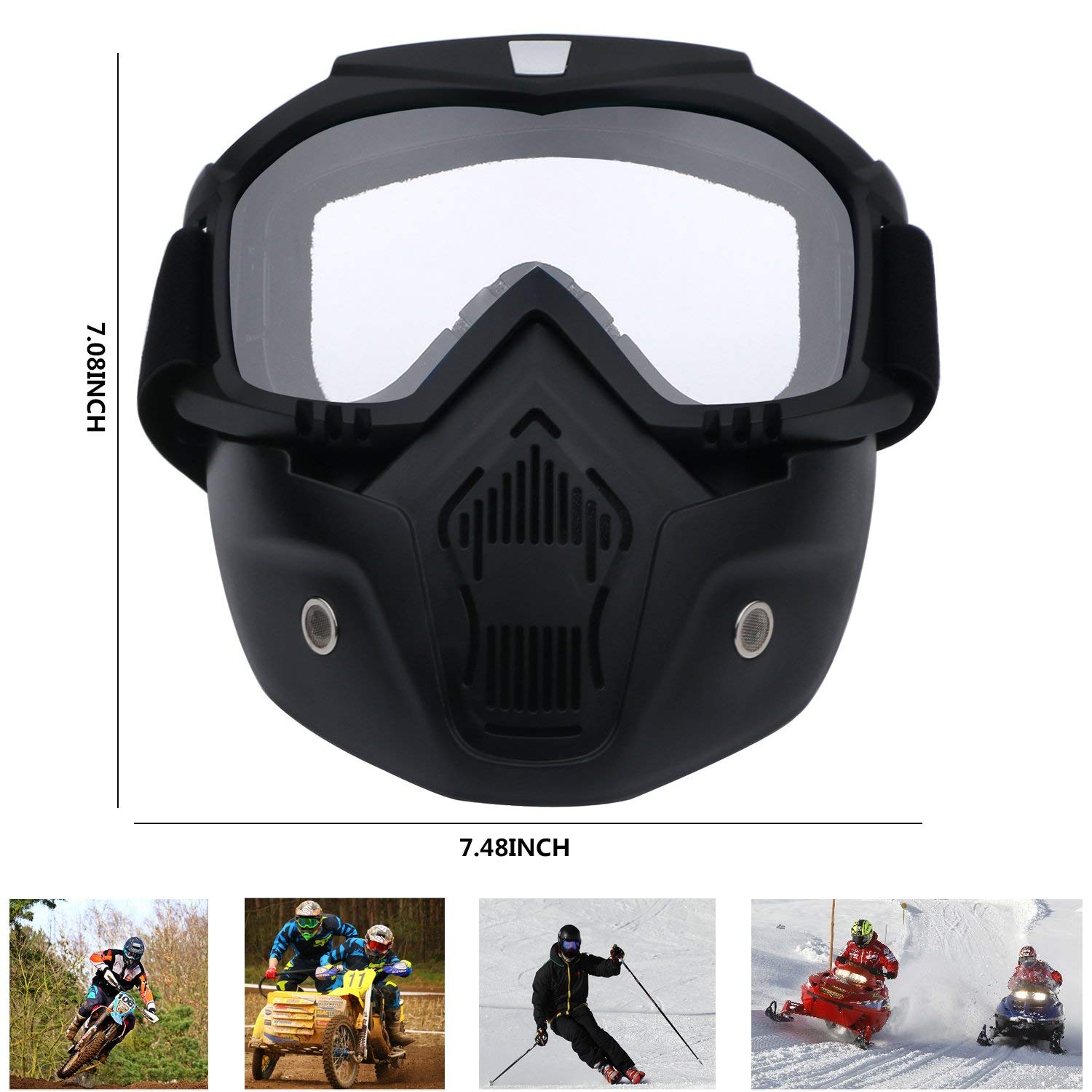 AOI Masque de moto avec masque facial amovible, protection UV et coupe-vent, imperméable, monture noire, verres gris