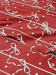 Queen Christmas Ribbon Sheet Set - Holiday Xmas Pattern Bedding Set - Deep Pockets - Snug Fit - 4 Piece - Wrinkle Free & Easy Care - Comfy Festive Winter - Holiday Sheets for Women, Men, Kids & Teens