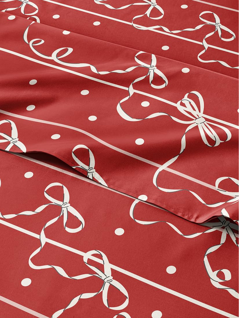 Christmas Sheet Set, Christmas Ribbon, Holiday Xmas Bedding Set - Twin Size