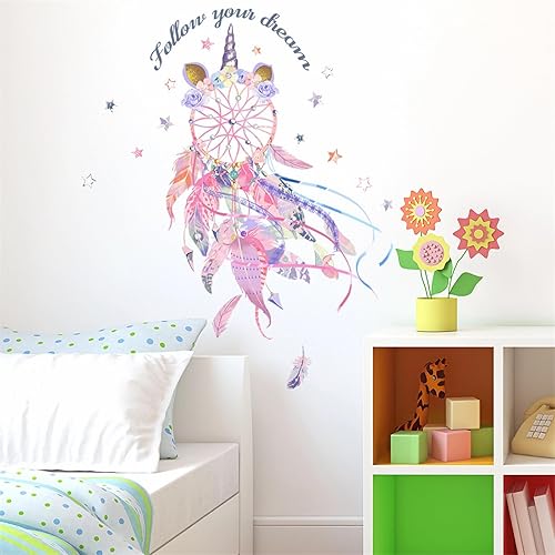 Miniatura 6 de Calcomanías de pared con diseño de plumas coloridas y estrellas, diseño de plumas rosas de sacinora Dreamcatcher Plume Art, calcomanías de vinilo