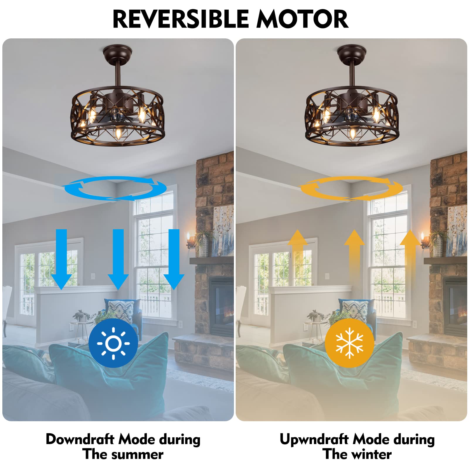 Caged Ceiling Fan with Light,17" Farmhouse Ceiling Fans with Lights and Remote,Rustic Kitchen Bladeless Ceiling Fan,Adjustable 6-Speed Bedroom Mute Ceiling Fan with Reversible Motor (Brown)